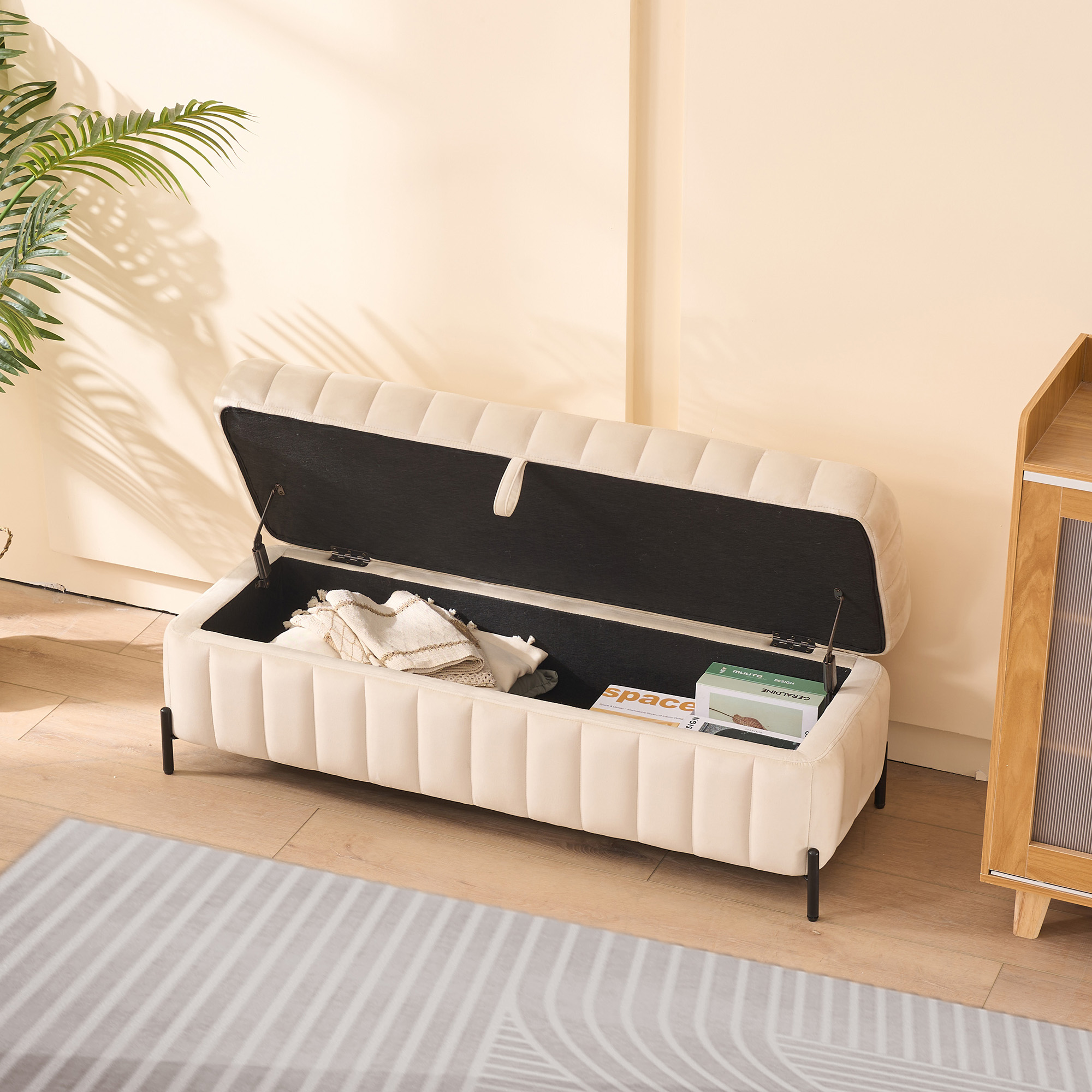 49.21" Wide Upholstered Velvet Storage Soft Bench Footstool Ottoman End of Bed with Metal Legs, Foot Rest for Living Room, Entryway and Bedroom. Beige - Image 6