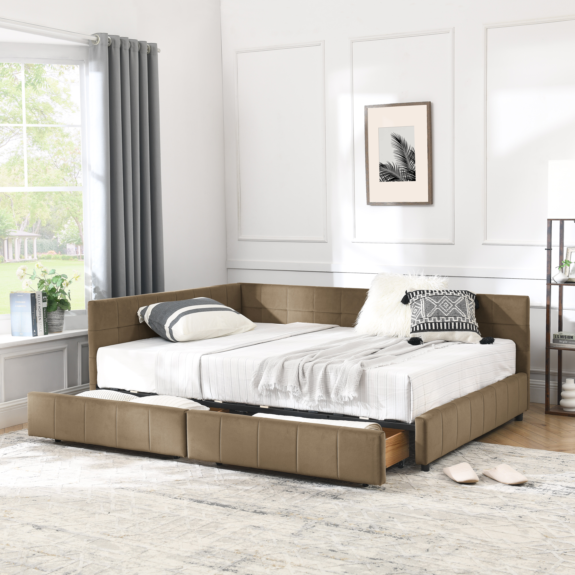 Full Size Storage Upholstered Tufted Bed Frame, Sofa Bed Frame with Comfortable Backrest and Armrests, Full Size Bed for Bedroom, Living Room,Velvet, BROWN(80.5''*59''*29.5'') - Image 2