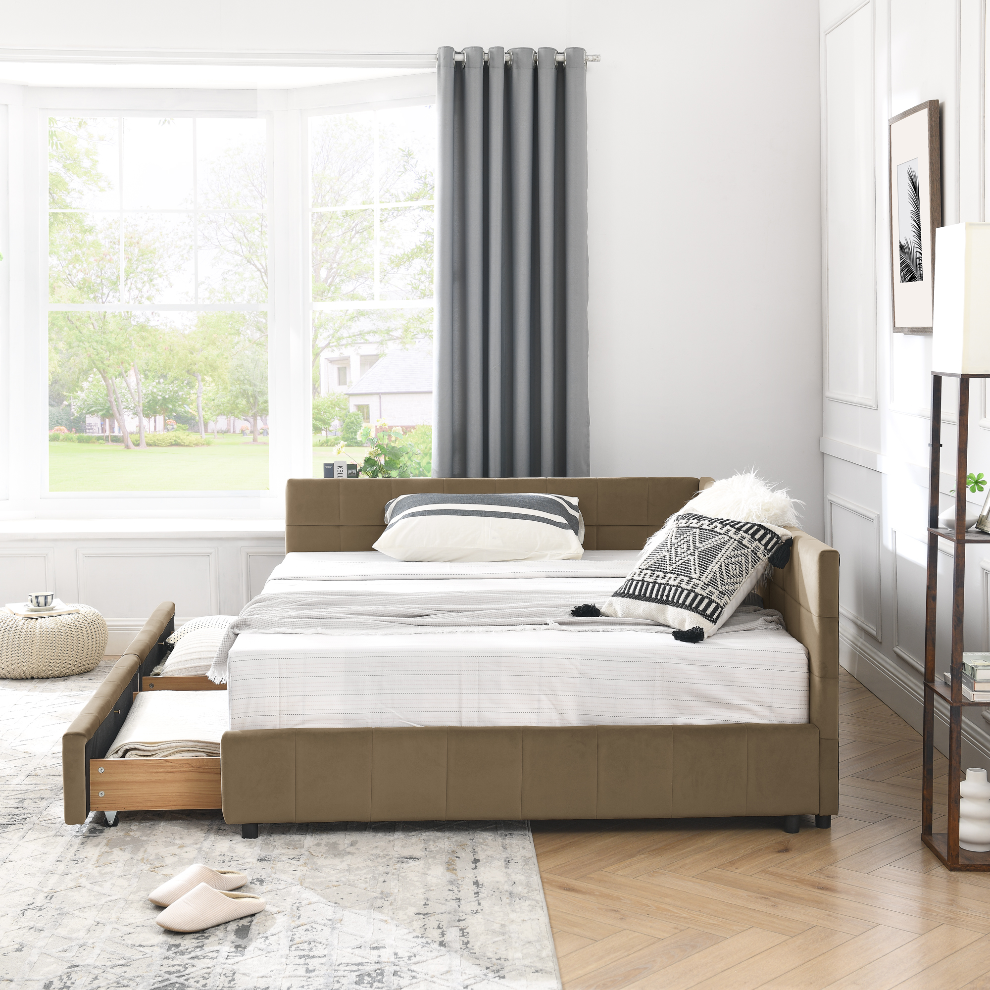 Full Size Storage Upholstered Tufted Bed Frame, Sofa Bed Frame with Comfortable Backrest and Armrests, Full Size Bed for Bedroom, Living Room,Velvet, BROWN(80.5''*59''*29.5'') - Image 4