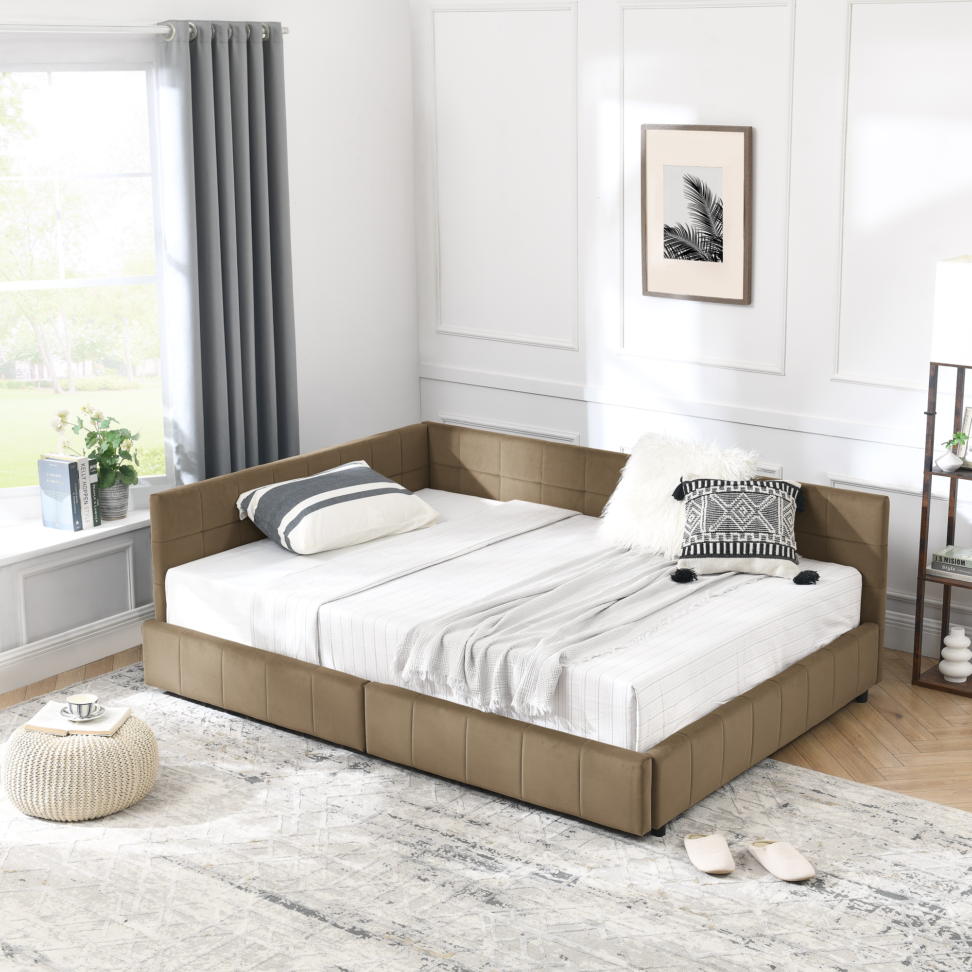 Full Size Storage Upholstered Tufted Bed Frame, Sofa Bed Frame with Comfortable Backrest and Armrests, Full Size Bed for Bedroom, Living Room,Velvet, BROWN(80.5''*59''*29.5'') - Image 6