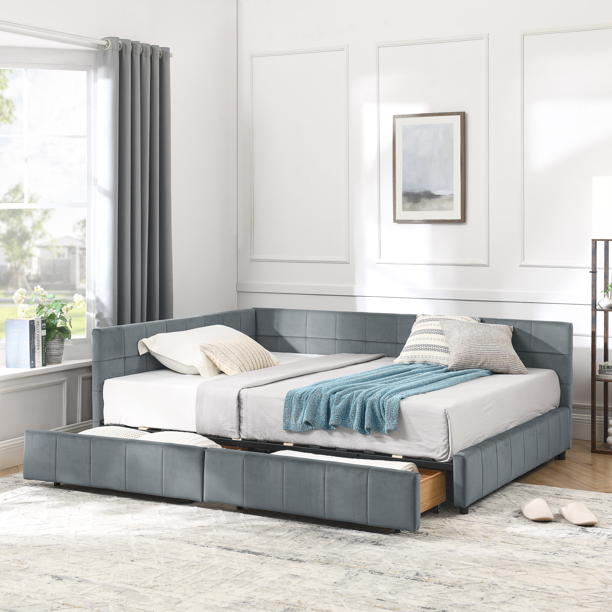Full Size Storage Upholstered Tufted Bed Frame, Sofa Bed Frame with Comfortable Backrest and Armrests, Full Size Bed for Bedroom, Living Room,Velvet, GREY(80.5''*59''*29.5'') - Image 1