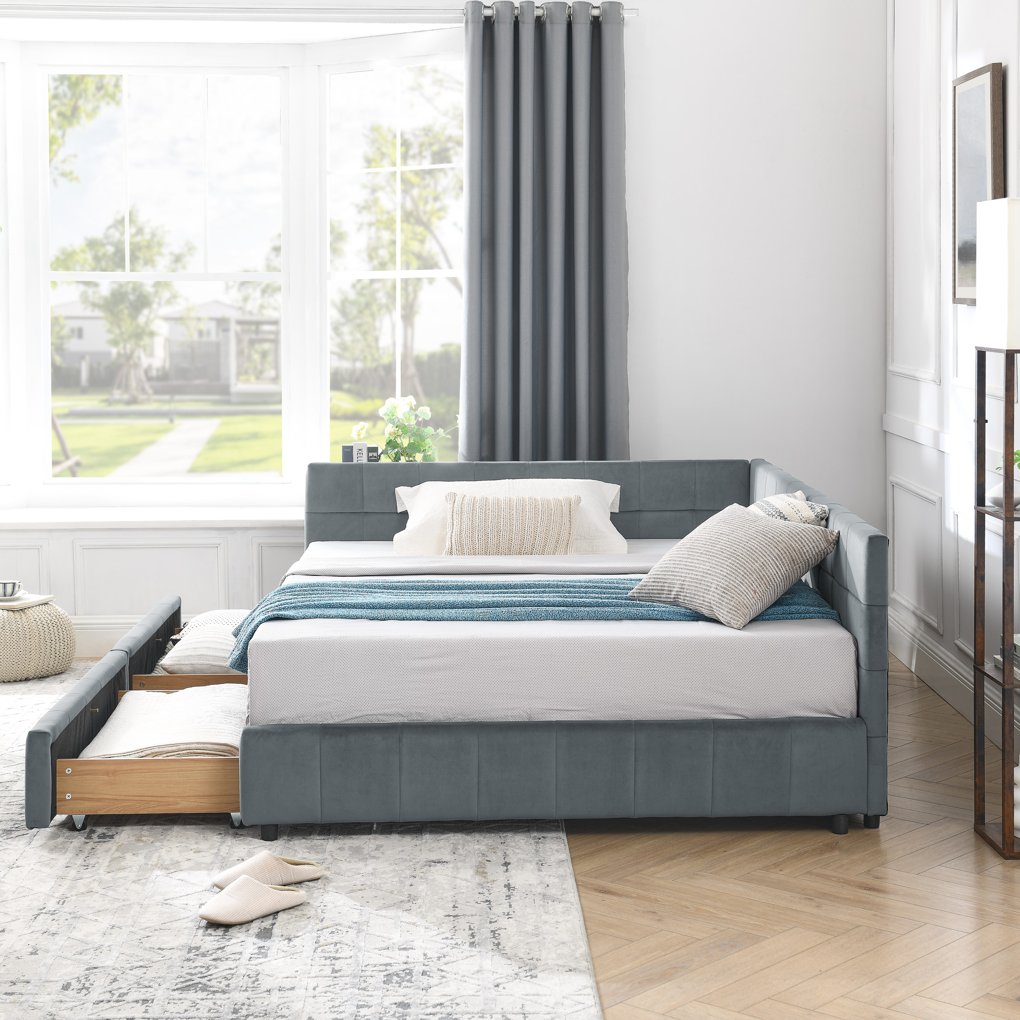 Full Size Storage Upholstered Tufted Bed Frame, Sofa Bed Frame with Comfortable Backrest and Armrests, Full Size Bed for Bedroom, Living Room,Velvet, GREY(80.5''*59''*29.5'') - Image 3