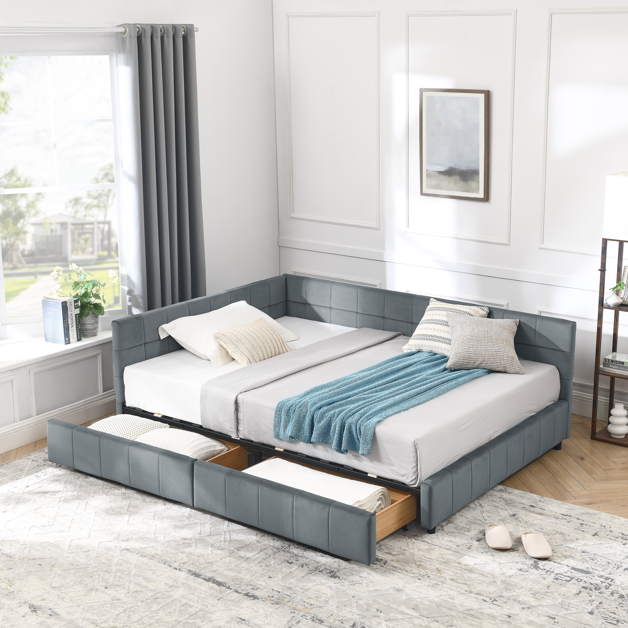 Full Size Storage Upholstered Tufted Bed Frame, Sofa Bed Frame with Comfortable Backrest and Armrests, Full Size Bed for Bedroom, Living Room,Velvet, GREY(80.5''*59''*29.5'') - Image 2