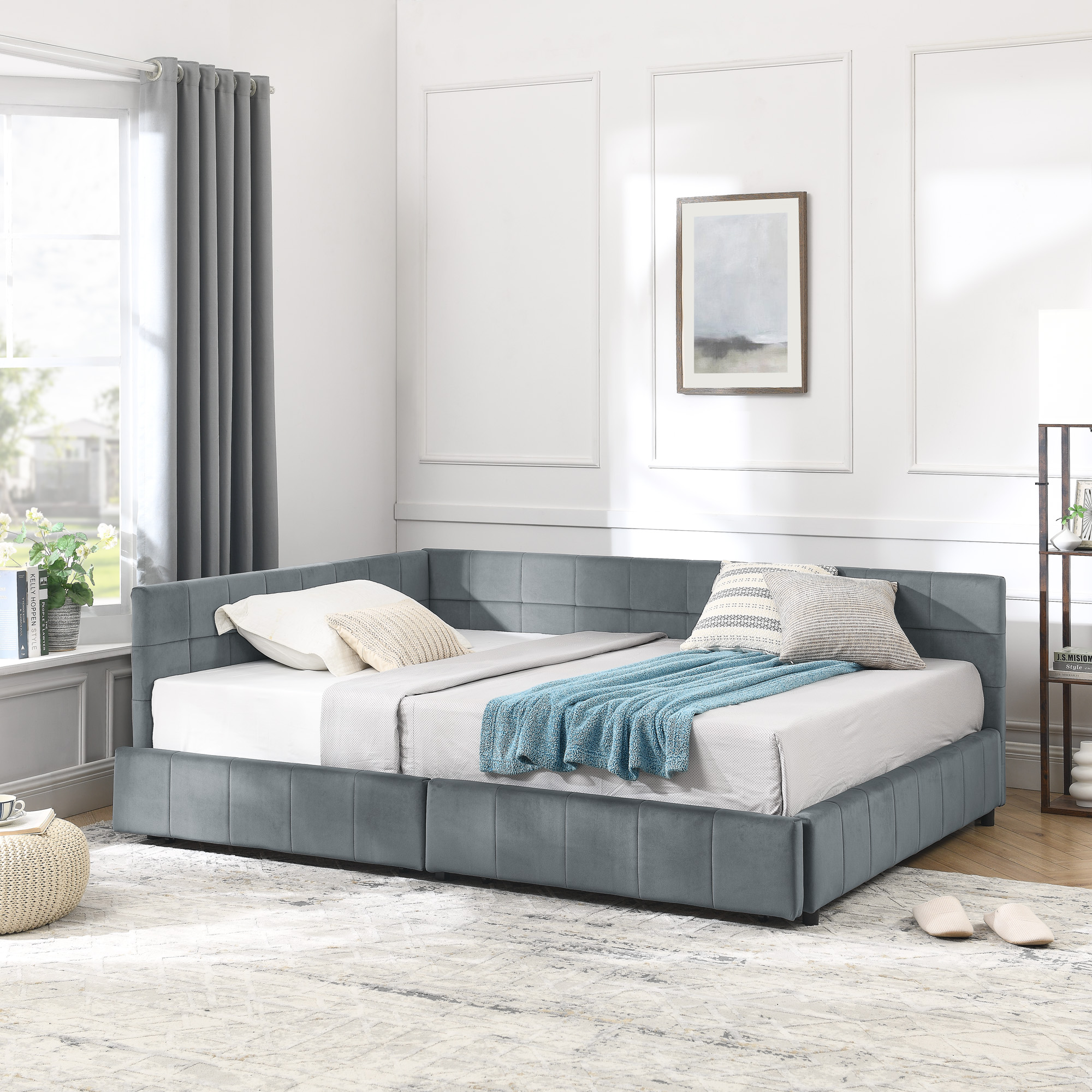 Full Size Storage Upholstered Tufted Bed Frame, Sofa Bed Frame with Comfortable Backrest and Armrests, Full Size Bed for Bedroom, Living Room,Velvet, GREY(80.5''*59''*29.5'') - Image 4