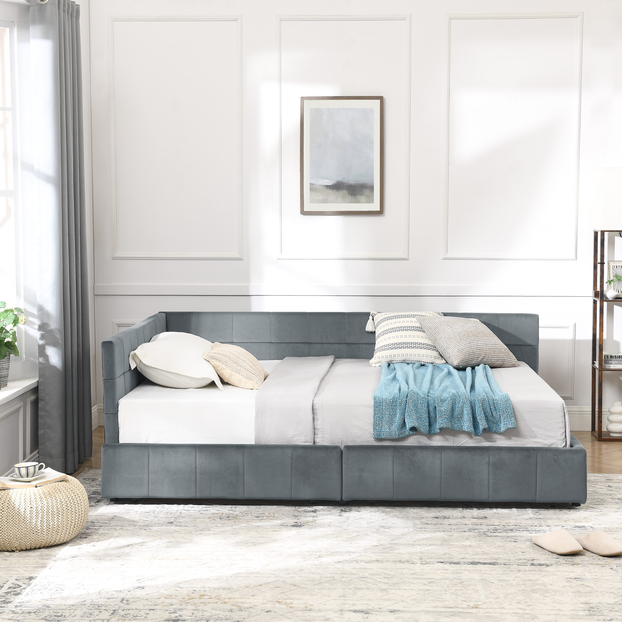 Full Size Storage Upholstered Tufted Bed Frame, Sofa Bed Frame with Comfortable Backrest and Armrests, Full Size Bed for Bedroom, Living Room,Velvet, GREY(80.5''*59''*29.5'') - Image 5
