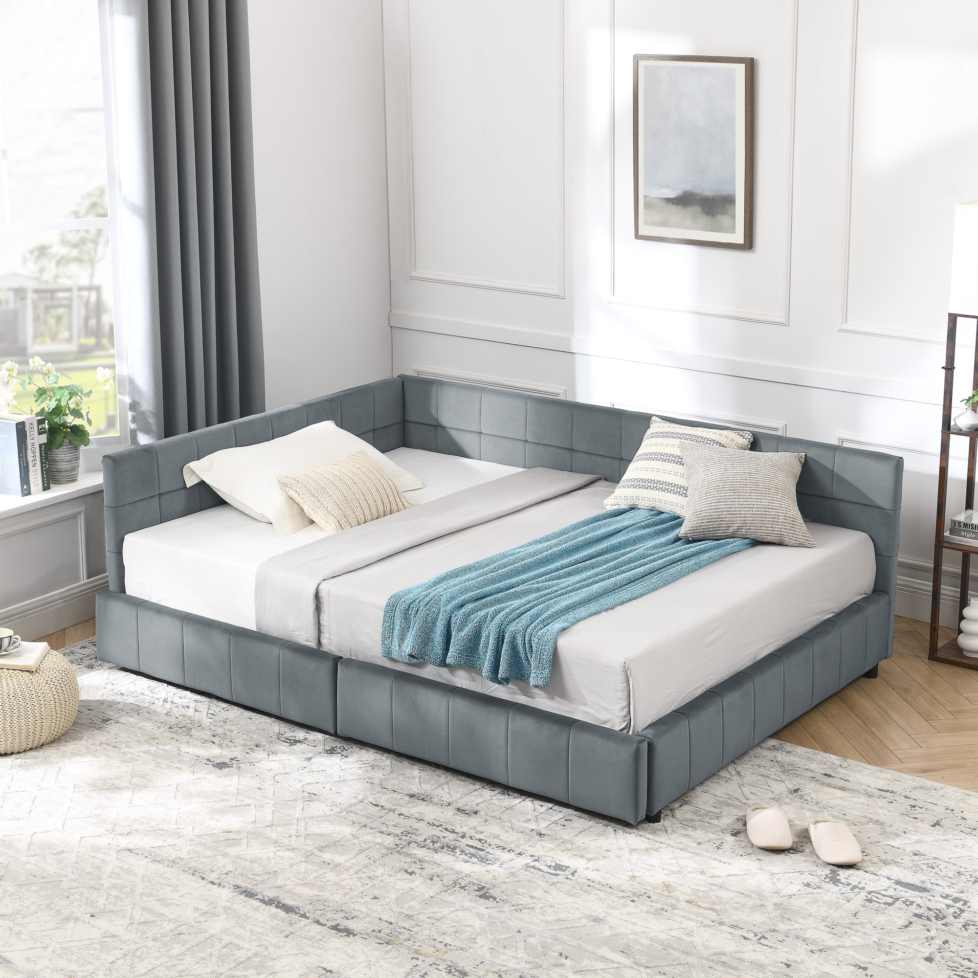 Full Size Storage Upholstered Tufted Bed Frame, Sofa Bed Frame with Comfortable Backrest and Armrests, Full Size Bed for Bedroom, Living Room,Velvet, GREY(80.5''*59''*29.5'') - Image 6
