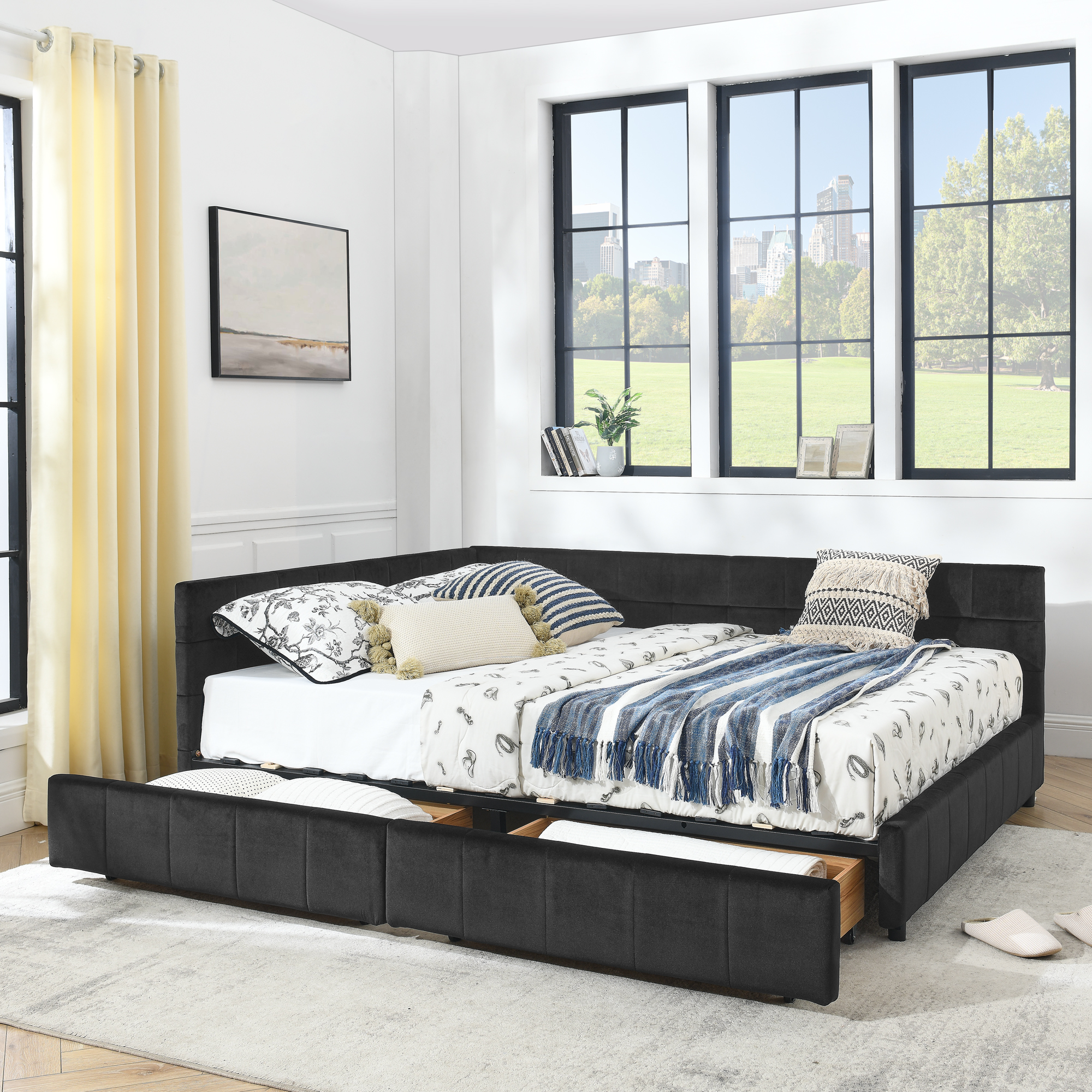 Queen Size Storage Upholstered Tufted Bed Frame, Sofa Bed Frame with Comfortable Backrest and Armrests, Queen Size Bed for Bedroom, Living Room,Velvet, BLACK(85.5''*64.5''*29.5'') - Image 1