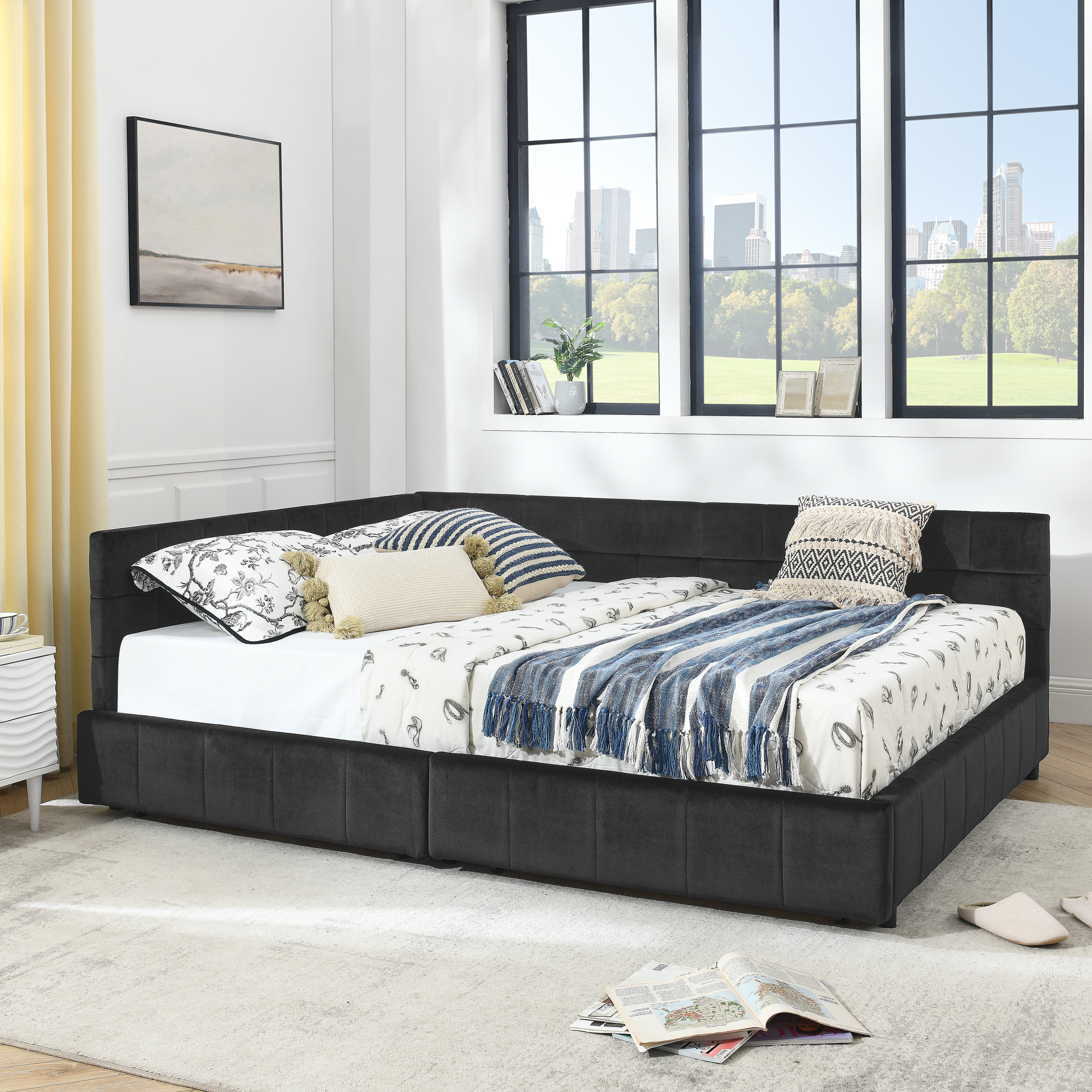 Queen Size Storage Upholstered Tufted Bed Frame, Sofa Bed Frame with Comfortable Backrest and Armrests, Queen Size Bed for Bedroom, Living Room,Velvet, BLACK(85.5''*64.5''*29.5'') - Image 2