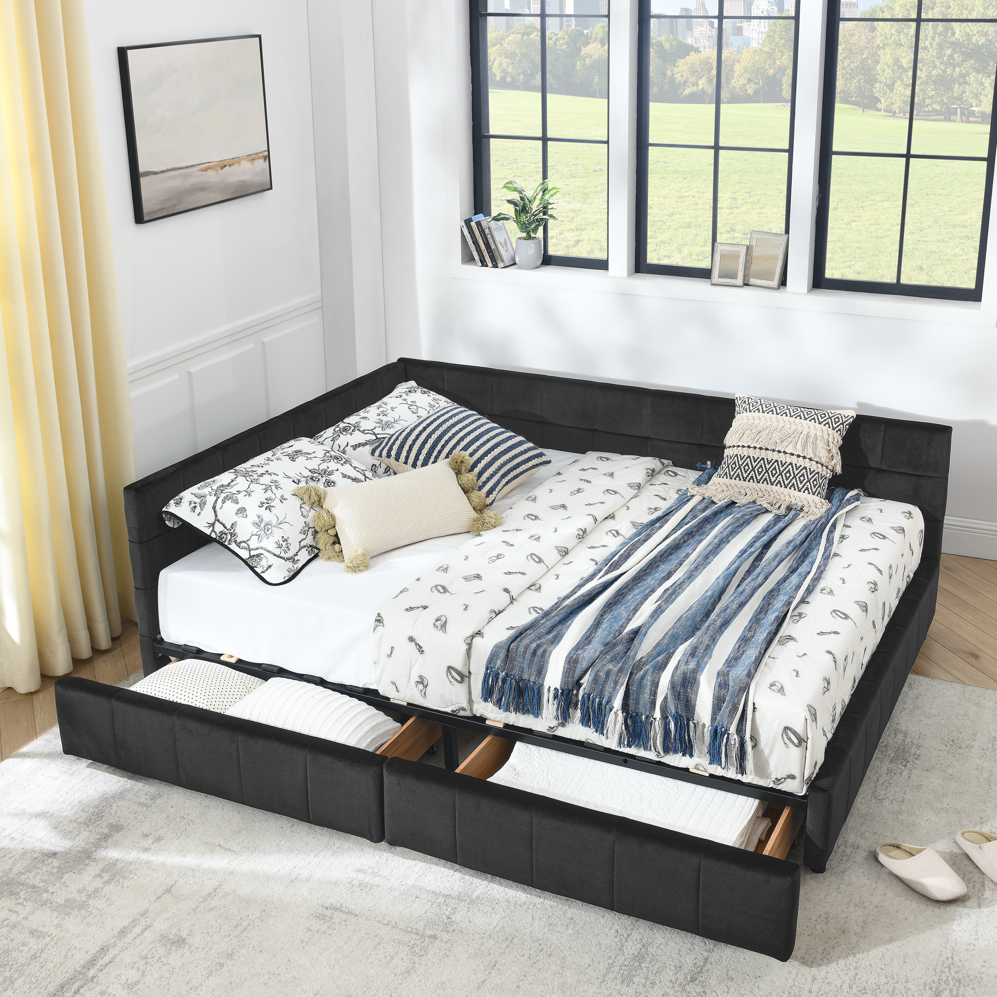 Queen Size Storage Upholstered Tufted Bed Frame, Sofa Bed Frame with Comfortable Backrest and Armrests, Queen Size Bed for Bedroom, Living Room,Velvet, BLACK(85.5''*64.5''*29.5'') - Image 3