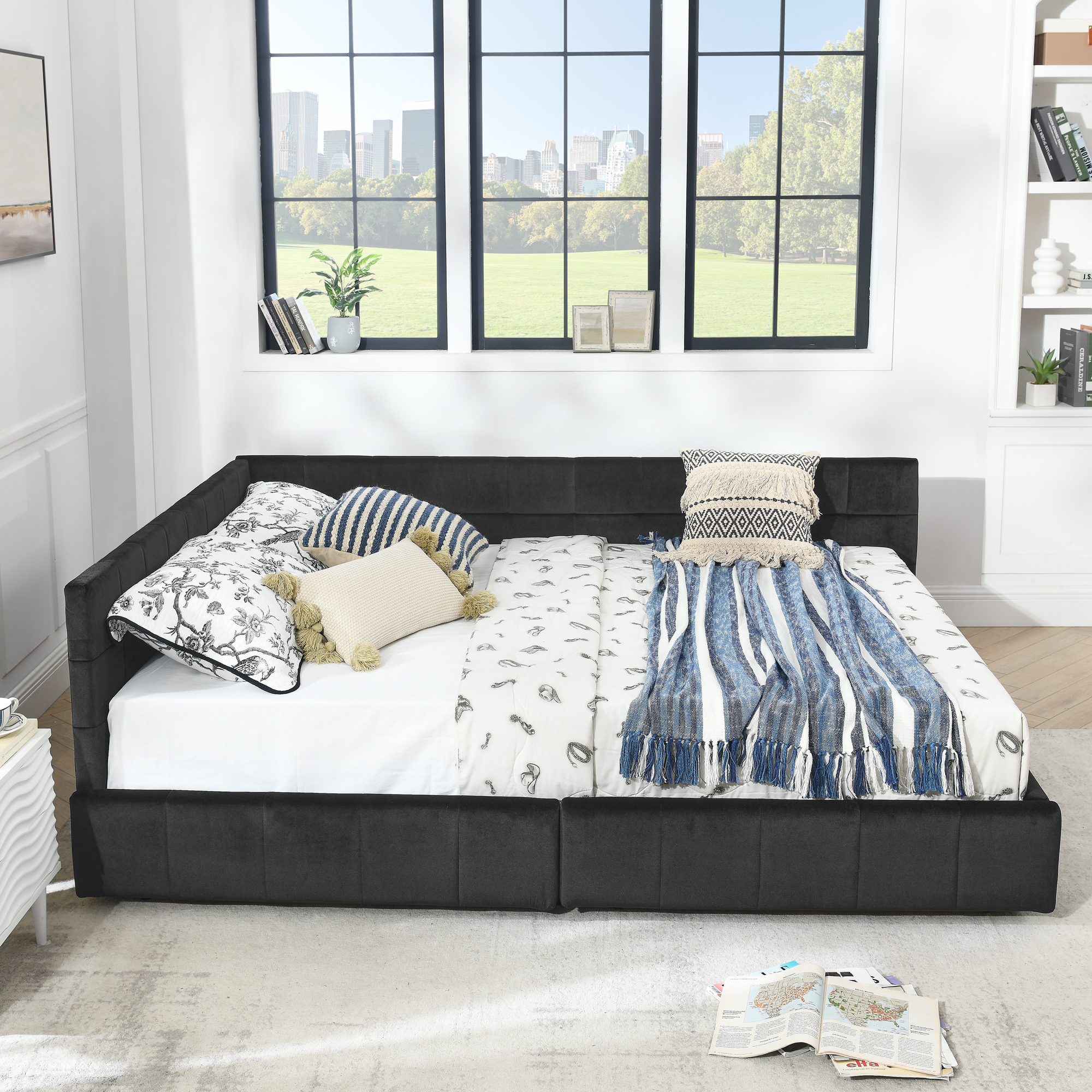 Queen Size Storage Upholstered Tufted Bed Frame, Sofa Bed Frame with Comfortable Backrest and Armrests, Queen Size Bed for Bedroom, Living Room,Velvet, BLACK(85.5''*64.5''*29.5'') - Image 4