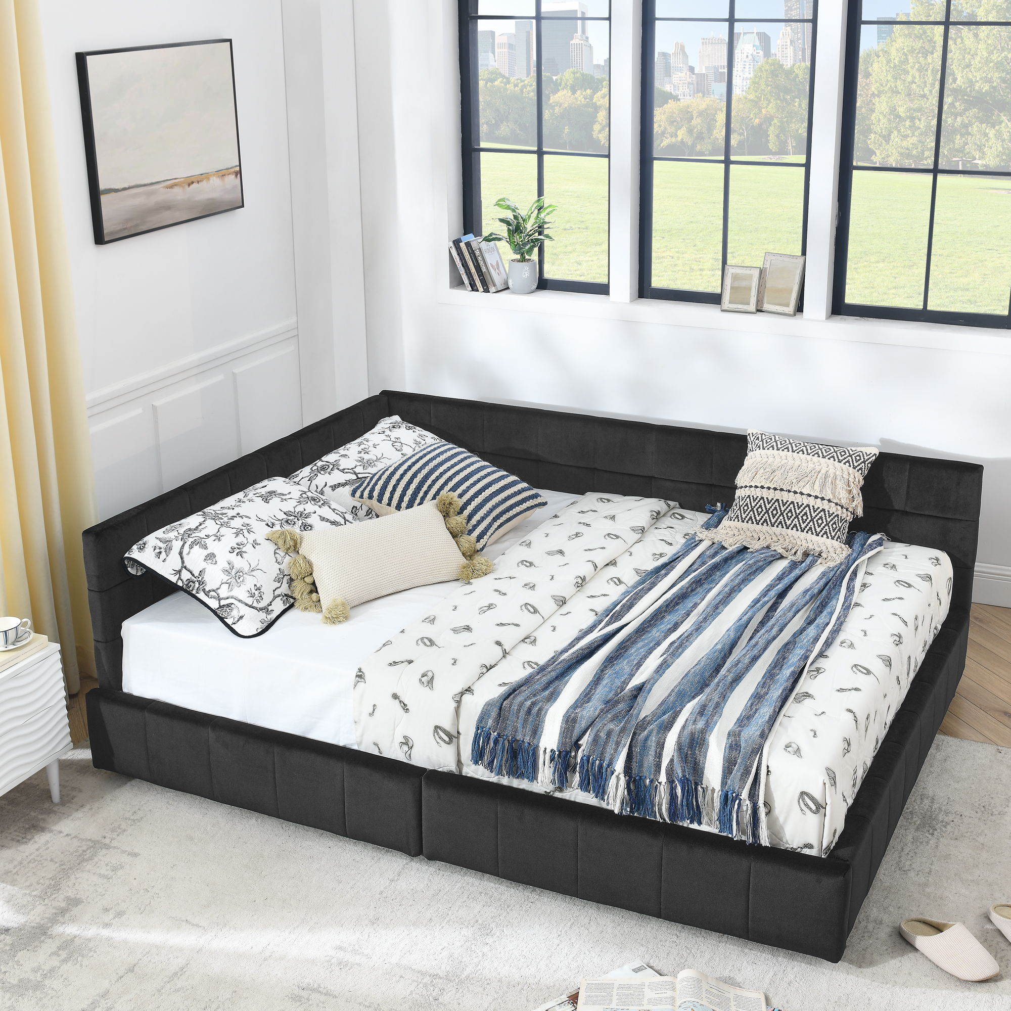 Queen Size Storage Upholstered Tufted Bed Frame, Sofa Bed Frame with Comfortable Backrest and Armrests, Queen Size Bed for Bedroom, Living Room,Velvet, BLACK(85.5''*64.5''*29.5'') - Image 5