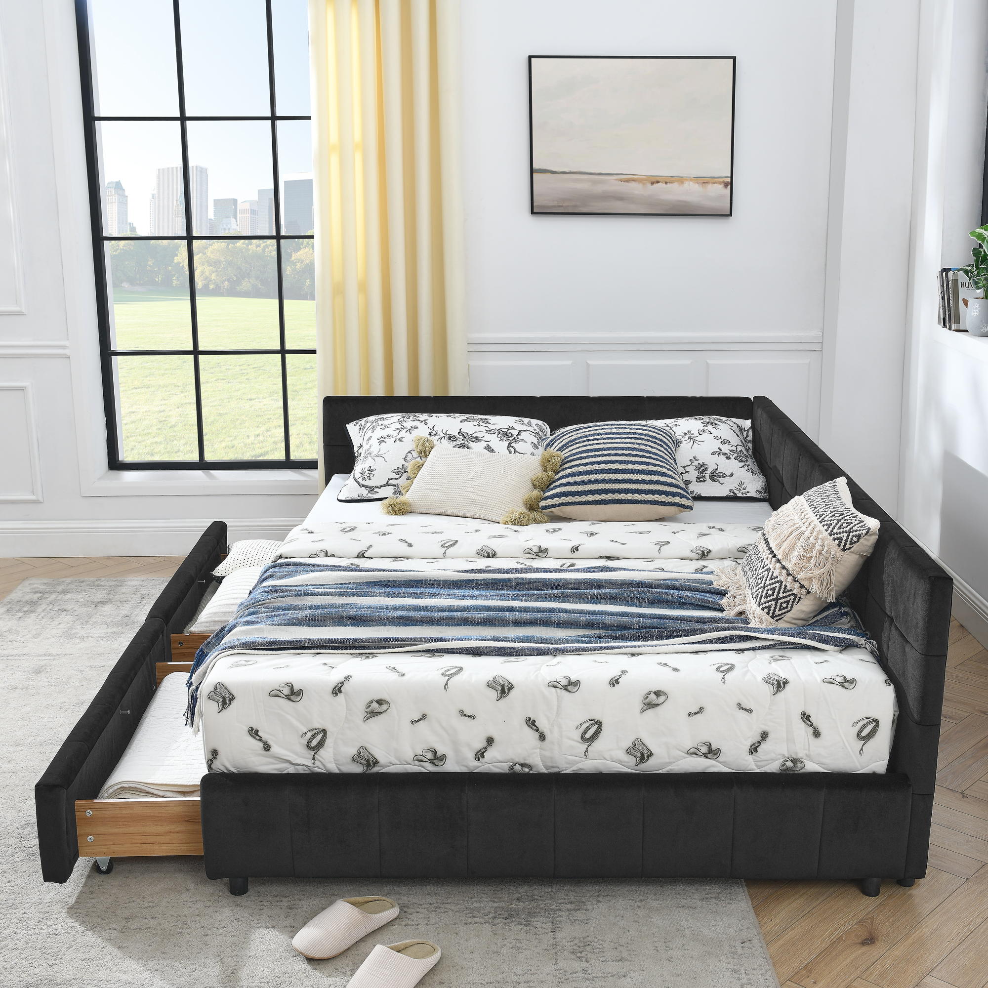 Queen Size Storage Upholstered Tufted Bed Frame, Sofa Bed Frame with Comfortable Backrest and Armrests, Queen Size Bed for Bedroom, Living Room,Velvet, BLACK(85.5''*64.5''*29.5'') - Image 6