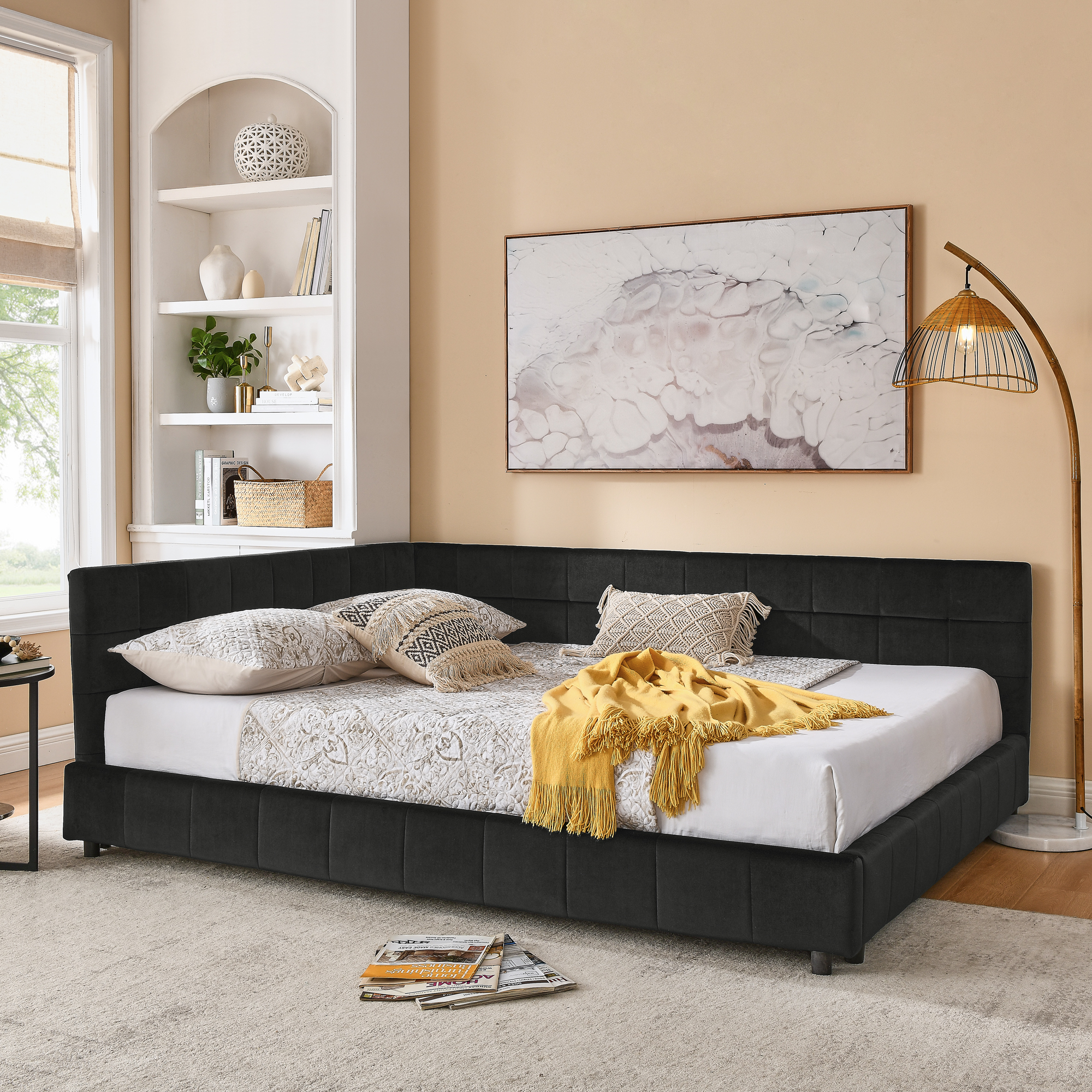 Queen Size Upholstered Tufted Bed Frame, Sofa Bed Frame with Comfortable Backrest and Armrests, Queen Size Bed for Bedroom, Living Room,Velvet, BLACK(85.5”*64.5”*30.5”)