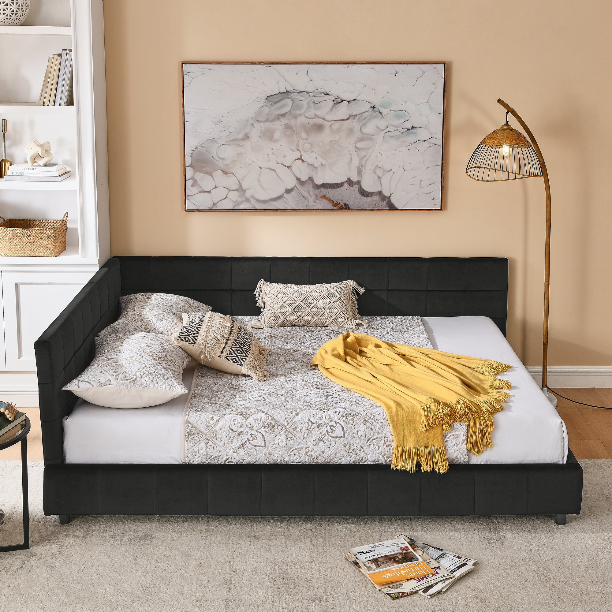 Queen Size Upholstered Tufted Bed Frame, Sofa Bed Frame with Comfortable Backrest and Armrests, Queen Size Bed for Bedroom, Living Room,Velvet, BLACK(85.5''*64.5''*30.5'') - Image 2