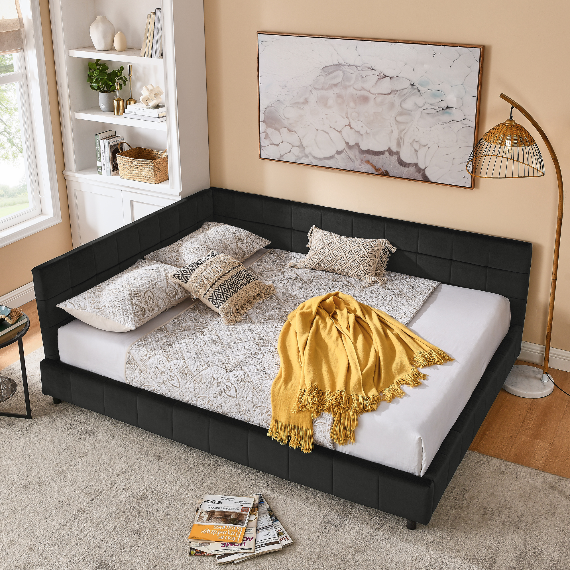 Queen Size Upholstered Tufted Bed Frame, Sofa Bed Frame with Comfortable Backrest and Armrests, Queen Size Bed for Bedroom, Living Room,Velvet, BLACK(85.5''*64.5''*30.5'') - Image 3