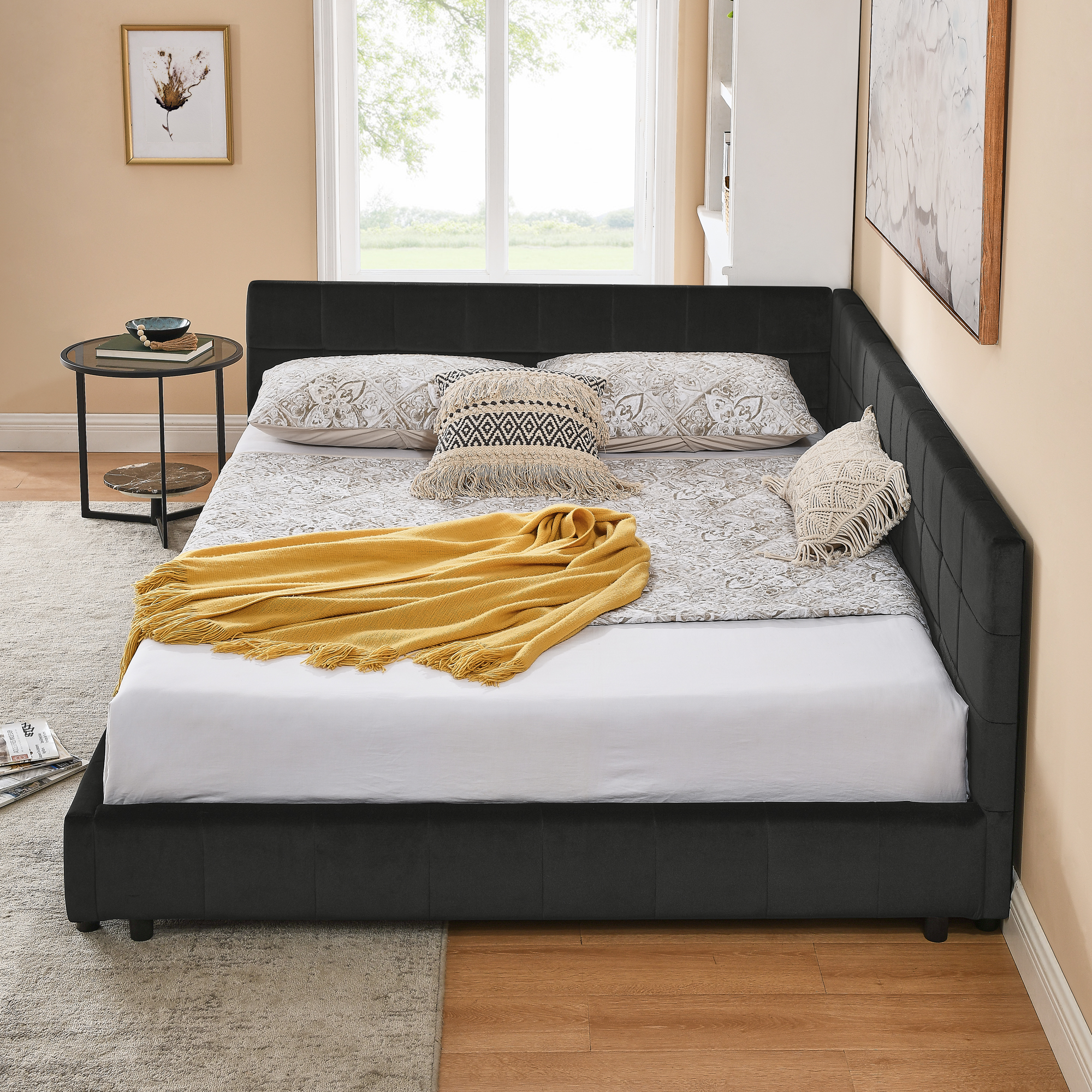 Queen Size Upholstered Tufted Bed Frame, Sofa Bed Frame with Comfortable Backrest and Armrests, Queen Size Bed for Bedroom, Living Room,Velvet, BLACK(85.5''*64.5''*30.5'') - Image 4