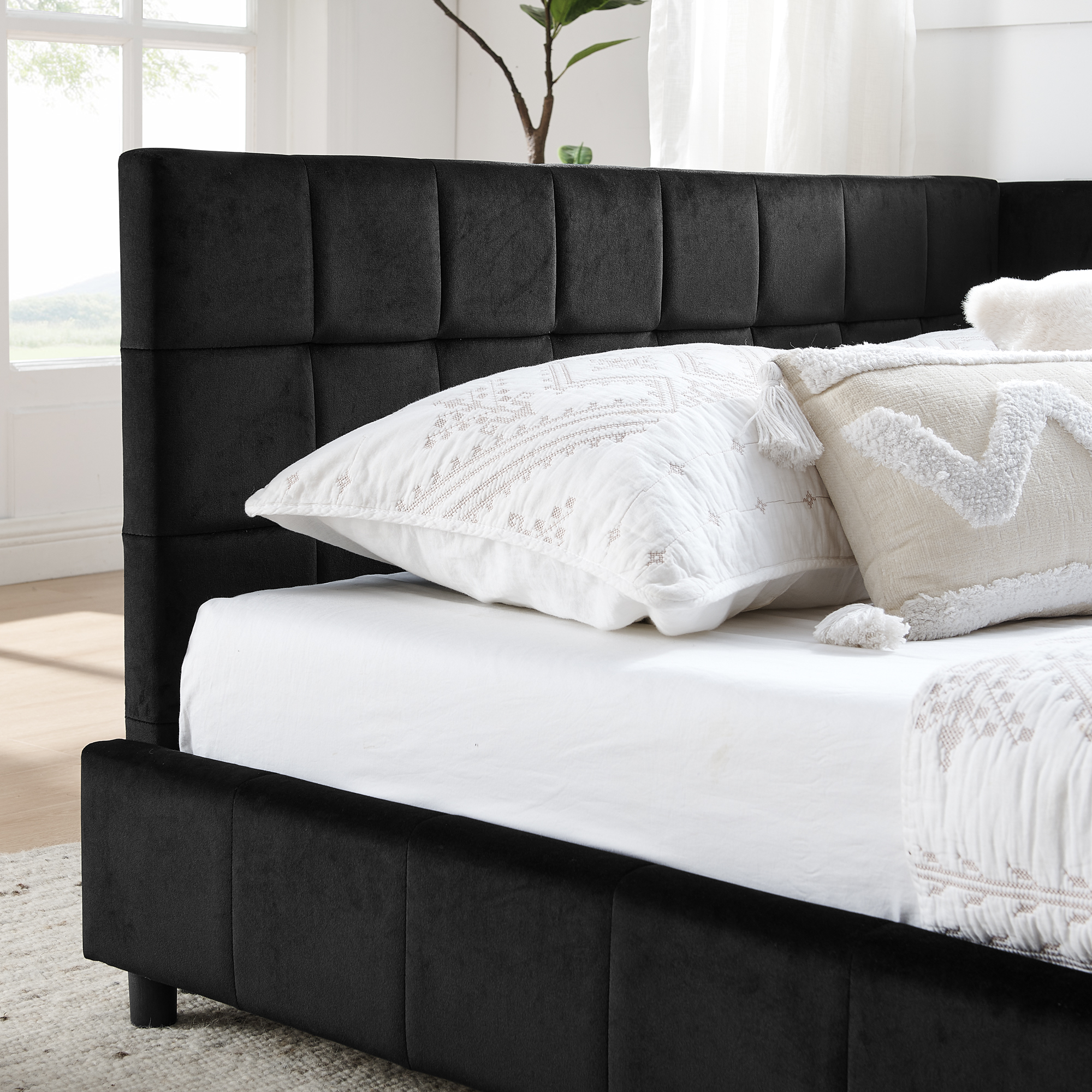 Full Size Upholstered Tufted Bed Frame, Sofa Bed Frame with Comfortable Backrest and Armrests, Full Size Bed for Bedroom, Living Room,Velvet, Black(80.5''*59''*30.5'') - Image 6