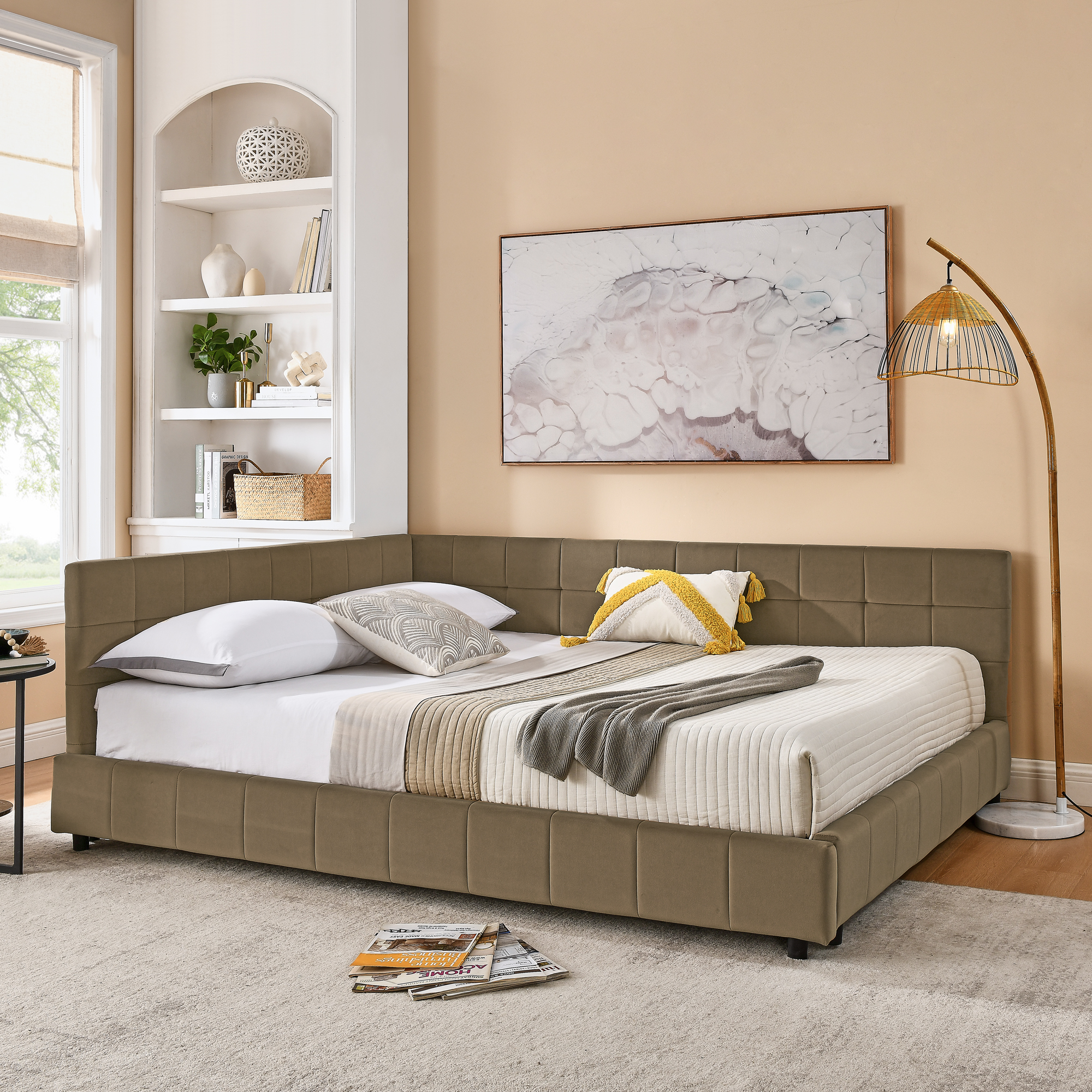 Queen Size Upholstered Tufted Bed Frame, Sofa Bed Frame with Comfortable Backrest and Armrests, Queen Size Bed for Bedroom, Living Room,Velvet, brown(85.5”*64.5”*30.5”)