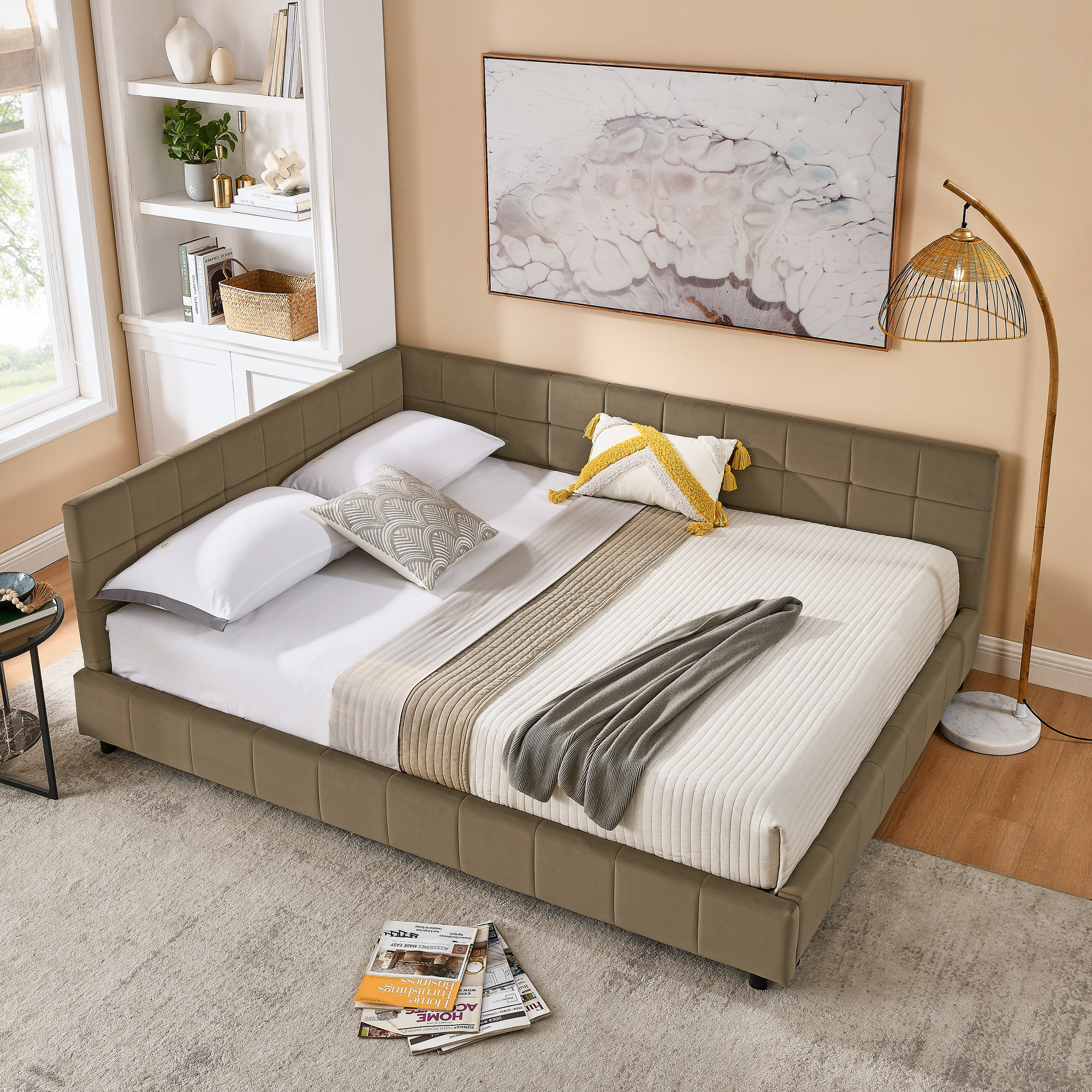 Queen Size Upholstered Tufted Bed Frame, Sofa Bed Frame with Comfortable Backrest and Armrests, Queen Size Bed for Bedroom, Living Room,Velvet, brown(85.5''*64.5''*30.5'') - Image 2