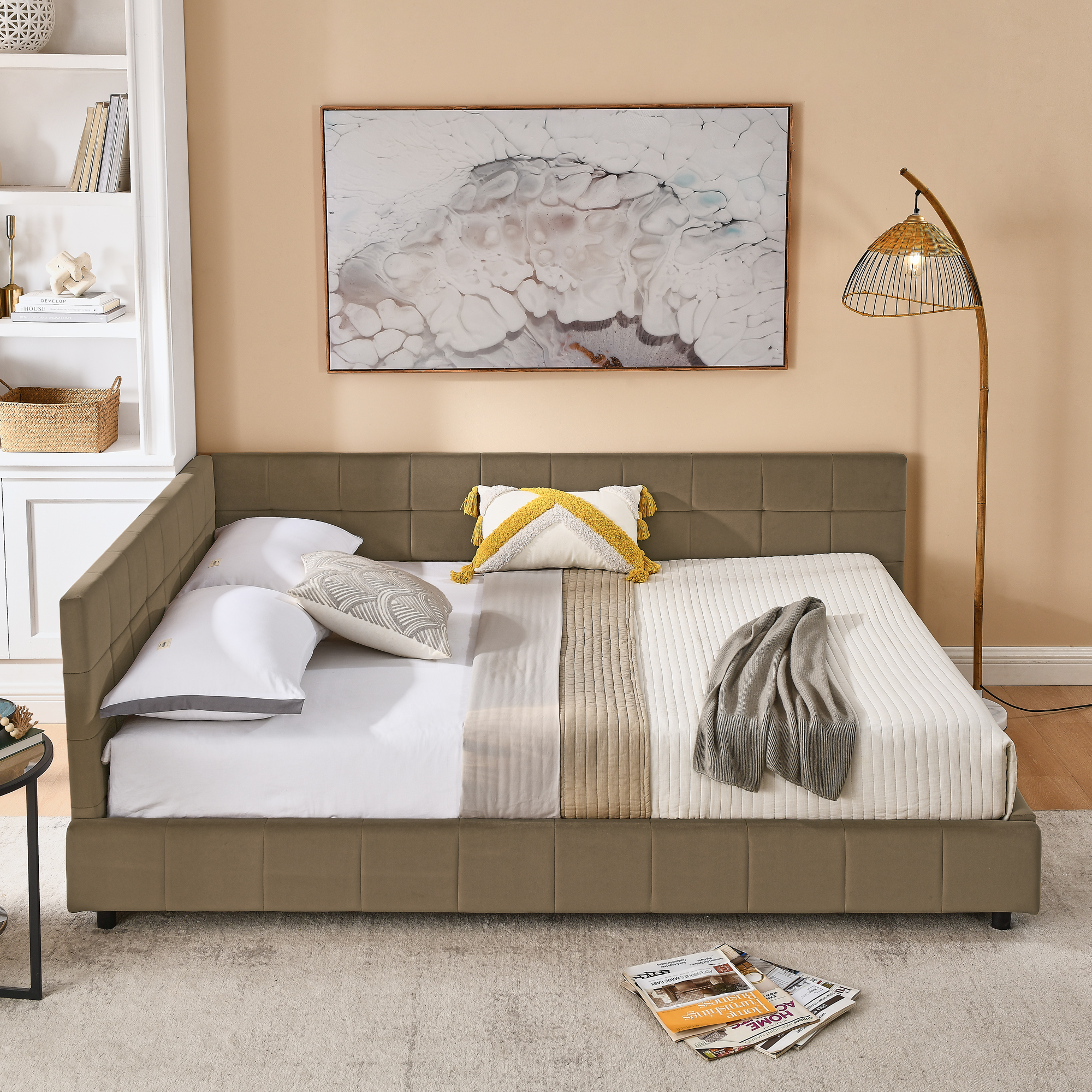 Queen Size Upholstered Tufted Bed Frame, Sofa Bed Frame with Comfortable Backrest and Armrests, Queen Size Bed for Bedroom, Living Room,Velvet, brown(85.5''*64.5''*30.5'') - Image 3