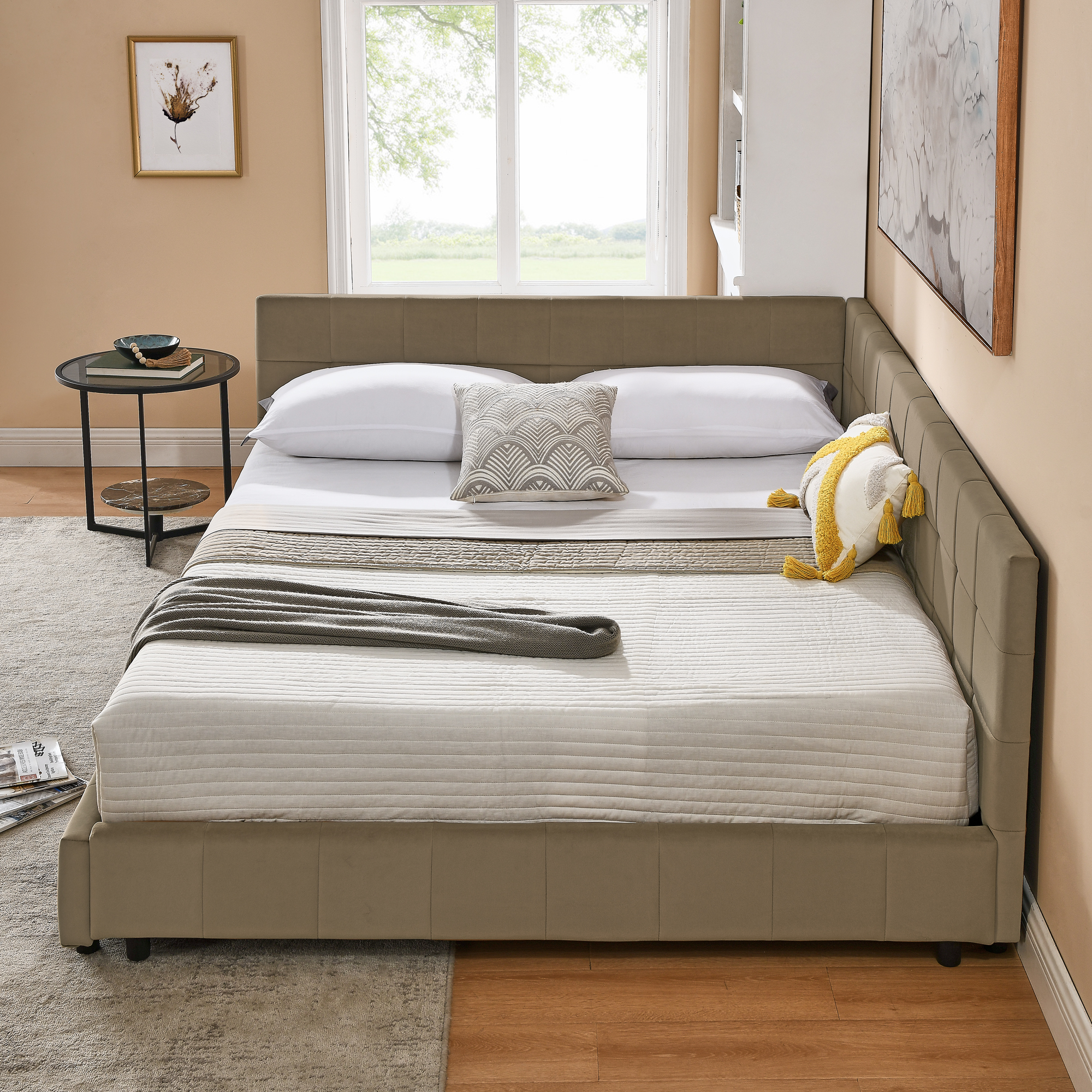 Queen Size Upholstered Tufted Bed Frame, Sofa Bed Frame with Comfortable Backrest and Armrests, Queen Size Bed for Bedroom, Living Room,Velvet, brown(85.5''*64.5''*30.5'') - Image 4
