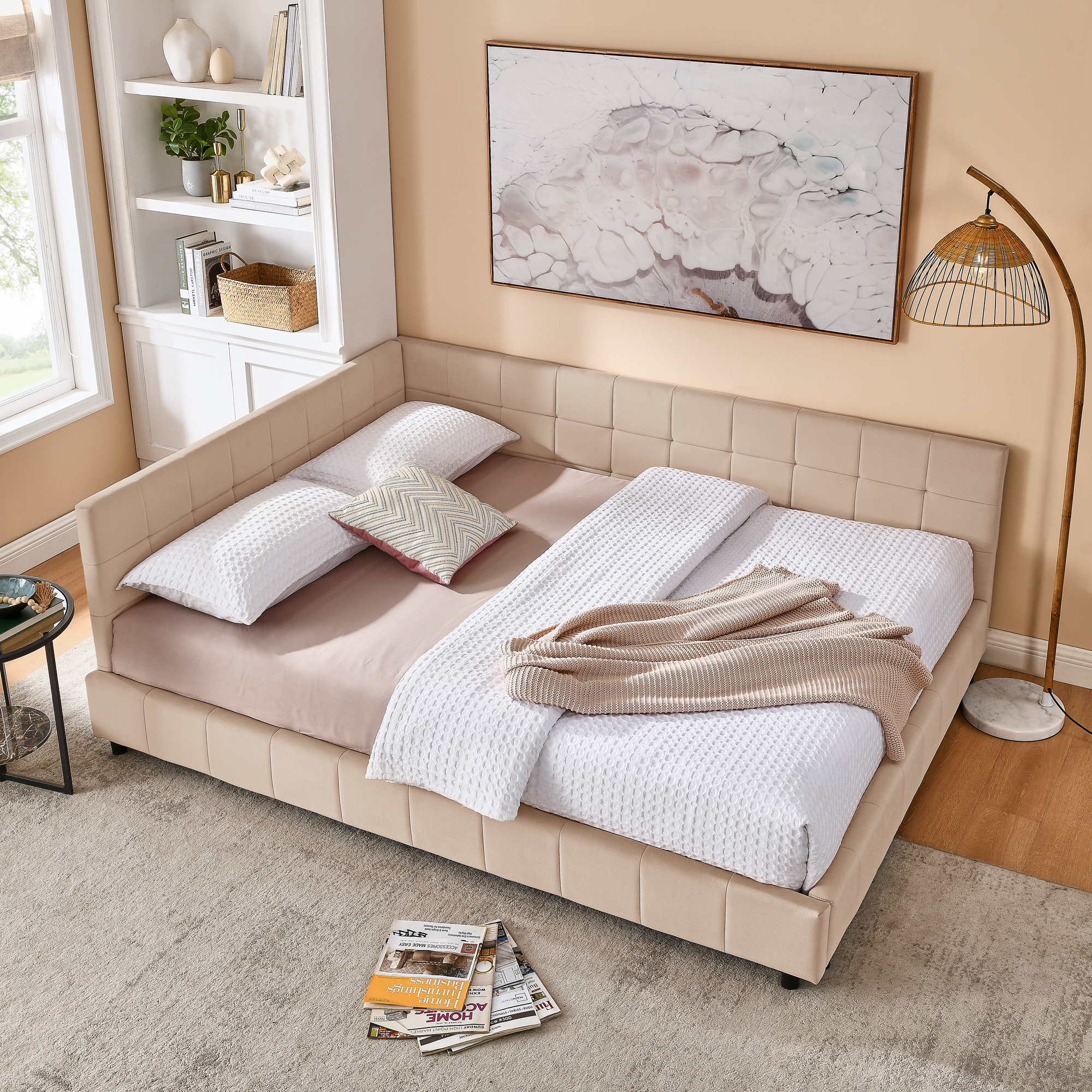 Queen Size Upholstered Tufted Bed Frame, Sofa Bed Frame with Comfortable Backrest and Armrests, Queen Size Bed for Bedroom, Living Room,Velvet, pink(85.5''*64.5''*30.5'') - Image 2