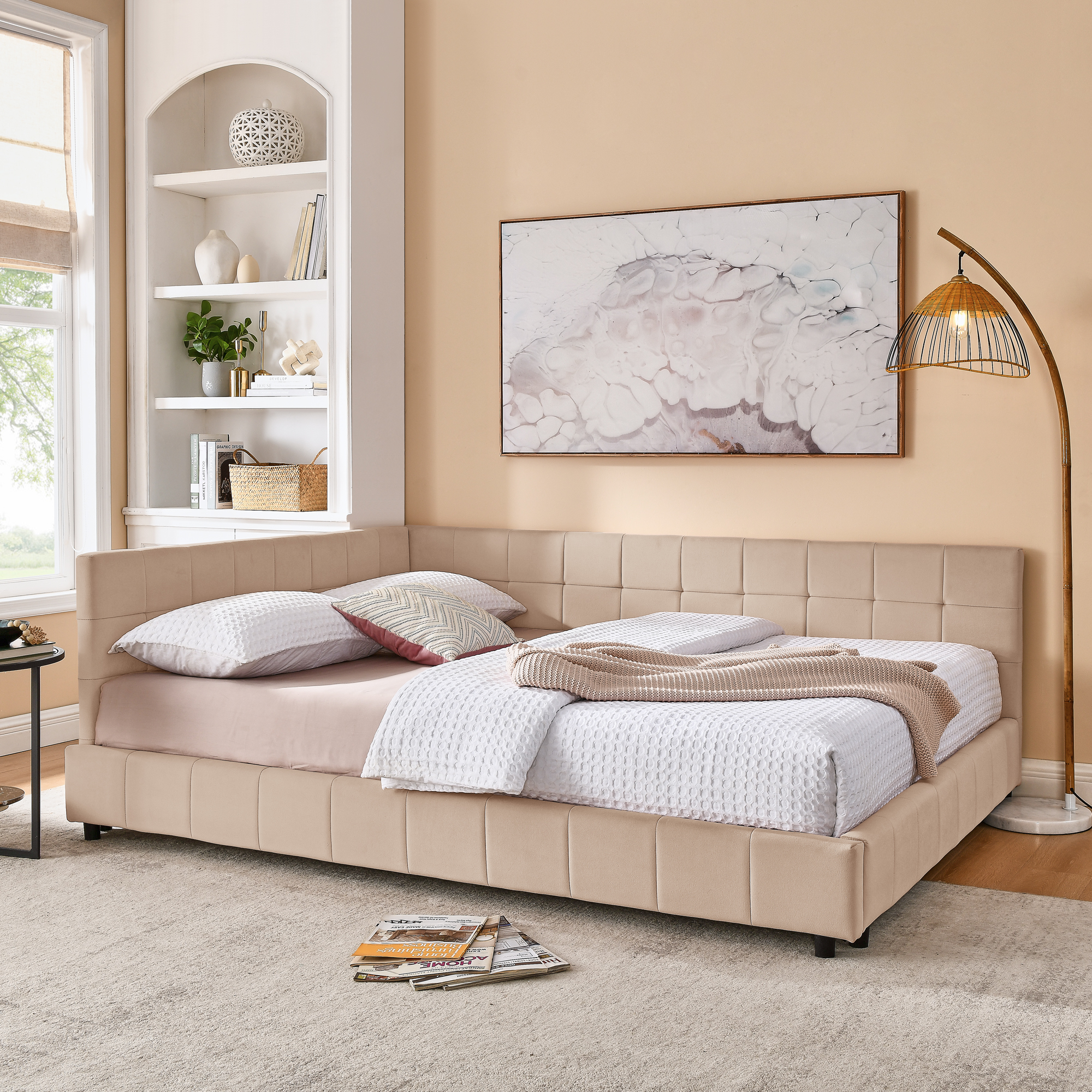 Queen Size Upholstered Tufted Bed Frame, Sofa Bed Frame with Comfortable Backrest and Armrests, Queen Size Bed for Bedroom, Living Room,Velvet, pink(85.5''*64.5''*30.5'') - Image 1