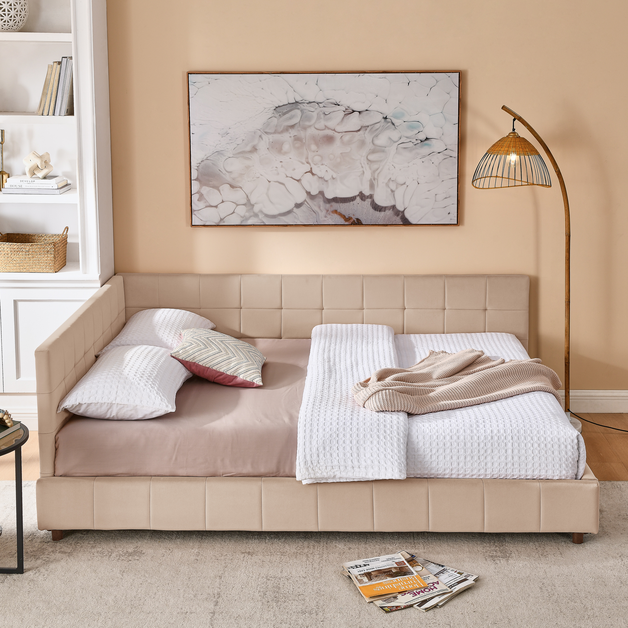 Queen Size Upholstered Tufted Bed Frame, Sofa Bed Frame with Comfortable Backrest and Armrests, Queen Size Bed for Bedroom, Living Room,Velvet, pink(85.5''*64.5''*30.5'') - Image 3