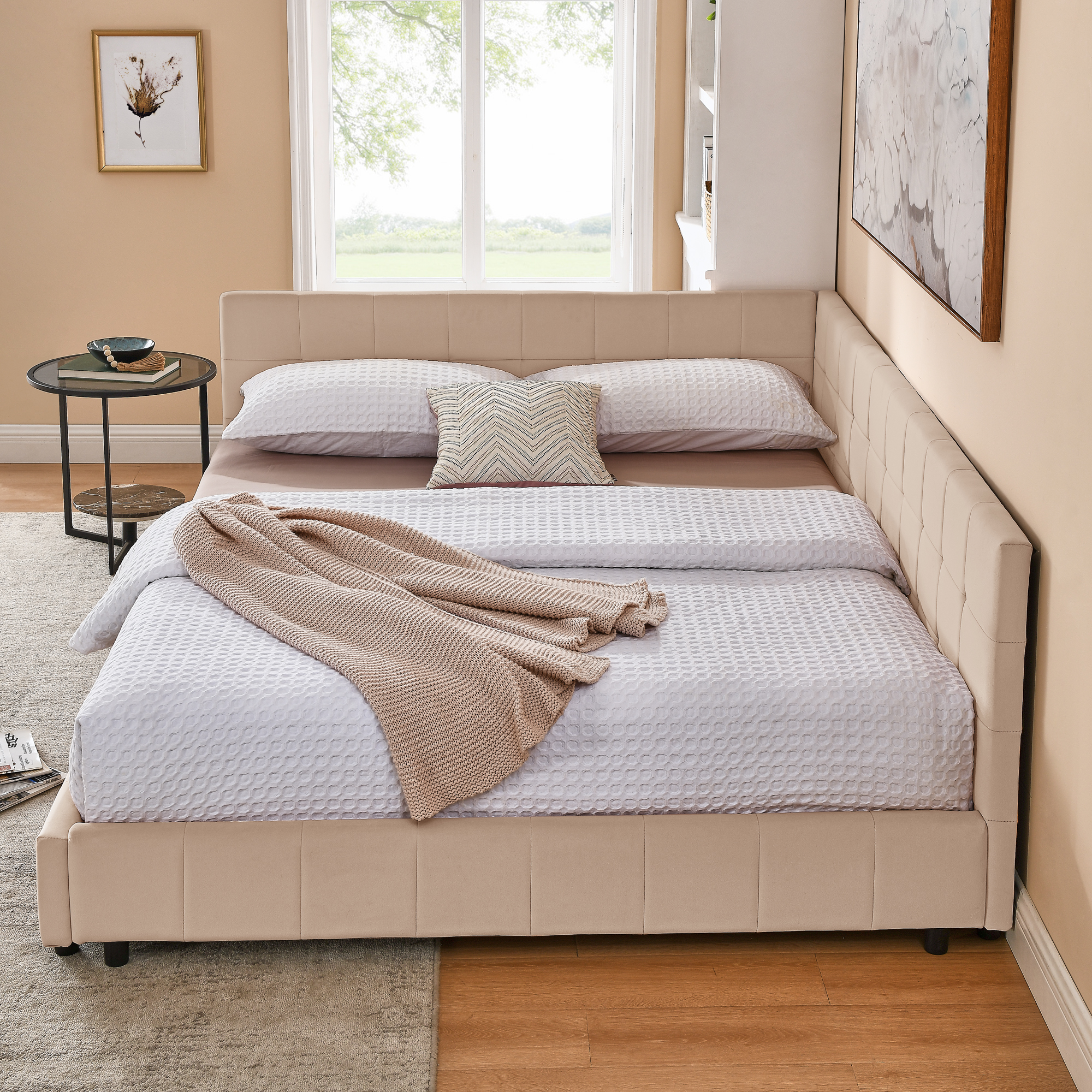 Queen Size Upholstered Tufted Bed Frame, Sofa Bed Frame with Comfortable Backrest and Armrests, Queen Size Bed for Bedroom, Living Room,Velvet, pink(85.5''*64.5''*30.5'') - Image 4
