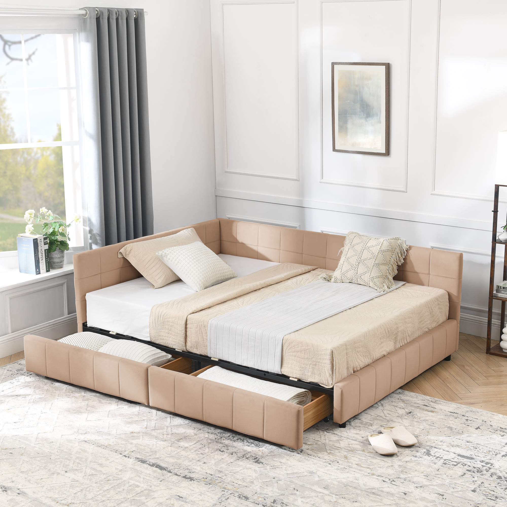 Full Size Storage Upholstered Tufted Bed Frame, Sofa Bed Frame with Comfortable Backrest and Armrests, Full Size Bed for Bedroom, Living Room,Velvet, PINK(80.5''*59''*29.5'') - Image 1