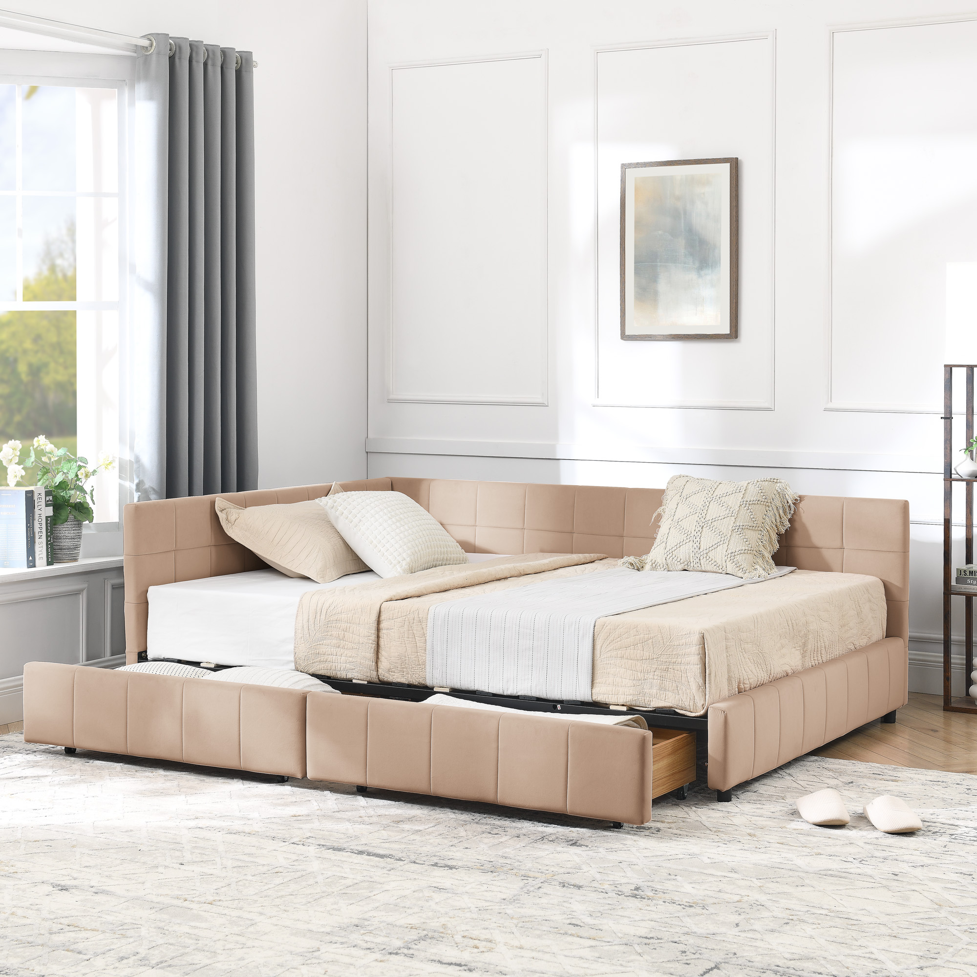 Full Size Storage Upholstered Tufted Bed Frame, Sofa Bed Frame with Comfortable Backrest and Armrests, Full Size Bed for Bedroom, Living Room,Velvet, PINK(80.5''*59''*29.5'') - Image 2