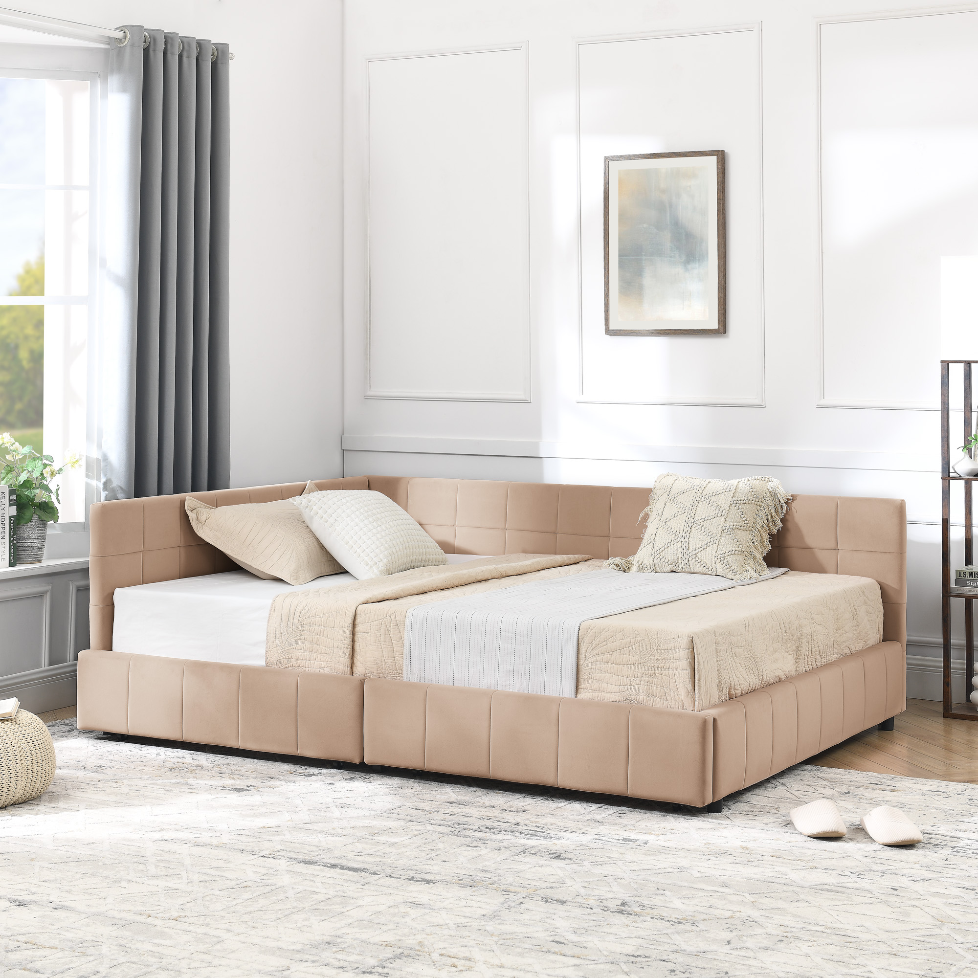 Full Size Storage Upholstered Tufted Bed Frame, Sofa Bed Frame with Comfortable Backrest and Armrests, Full Size Bed for Bedroom, Living Room,Velvet, PINK(80.5''*59''*29.5'') - Image 4