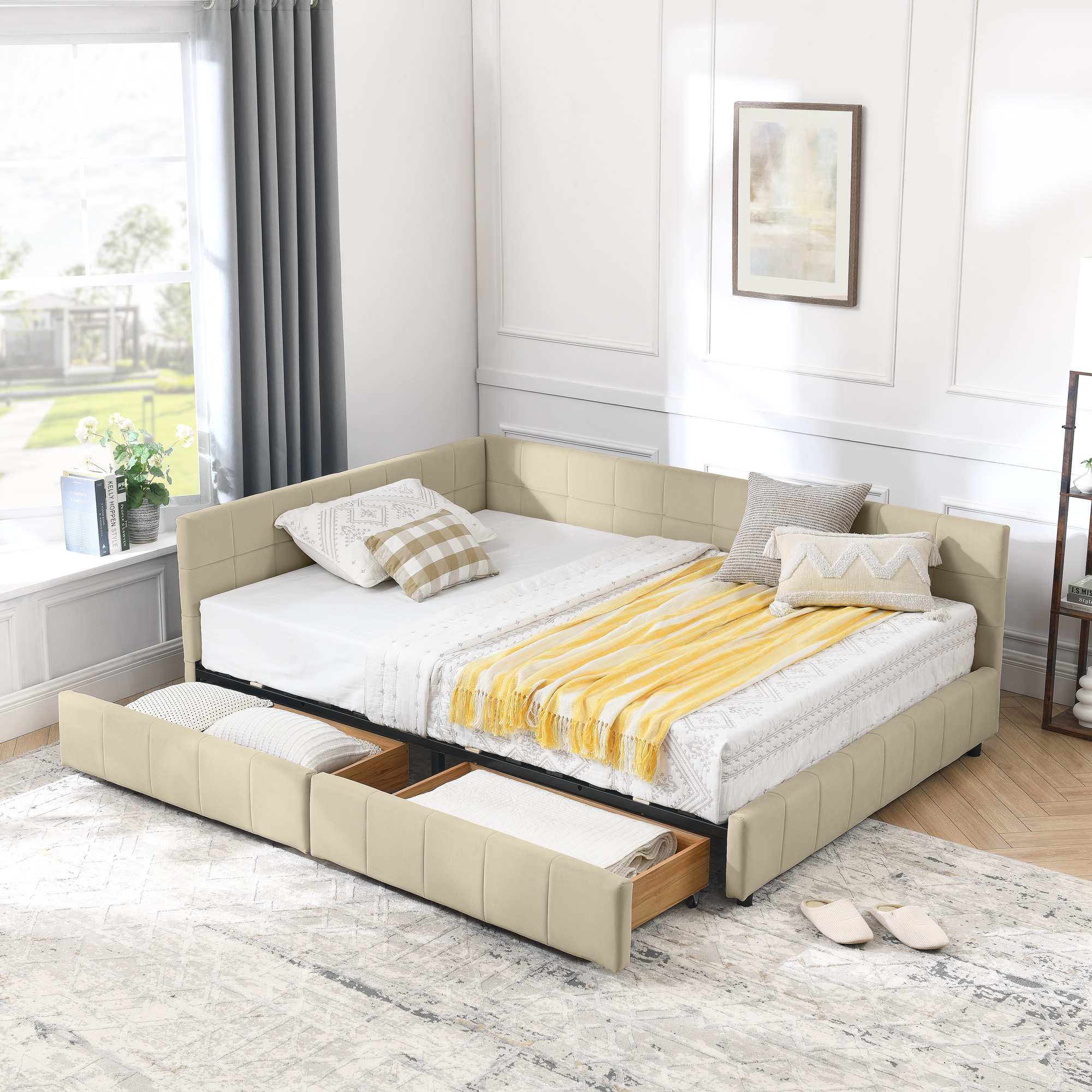 Full Size Storage Upholstered Tufted Bed Frame, Sofa Bed Frame with Comfortable Backrest and Armrests, Full Size Bed for Bedroom, Living Room,Velvet, BEIGE(80.5”*59”*29.5”)