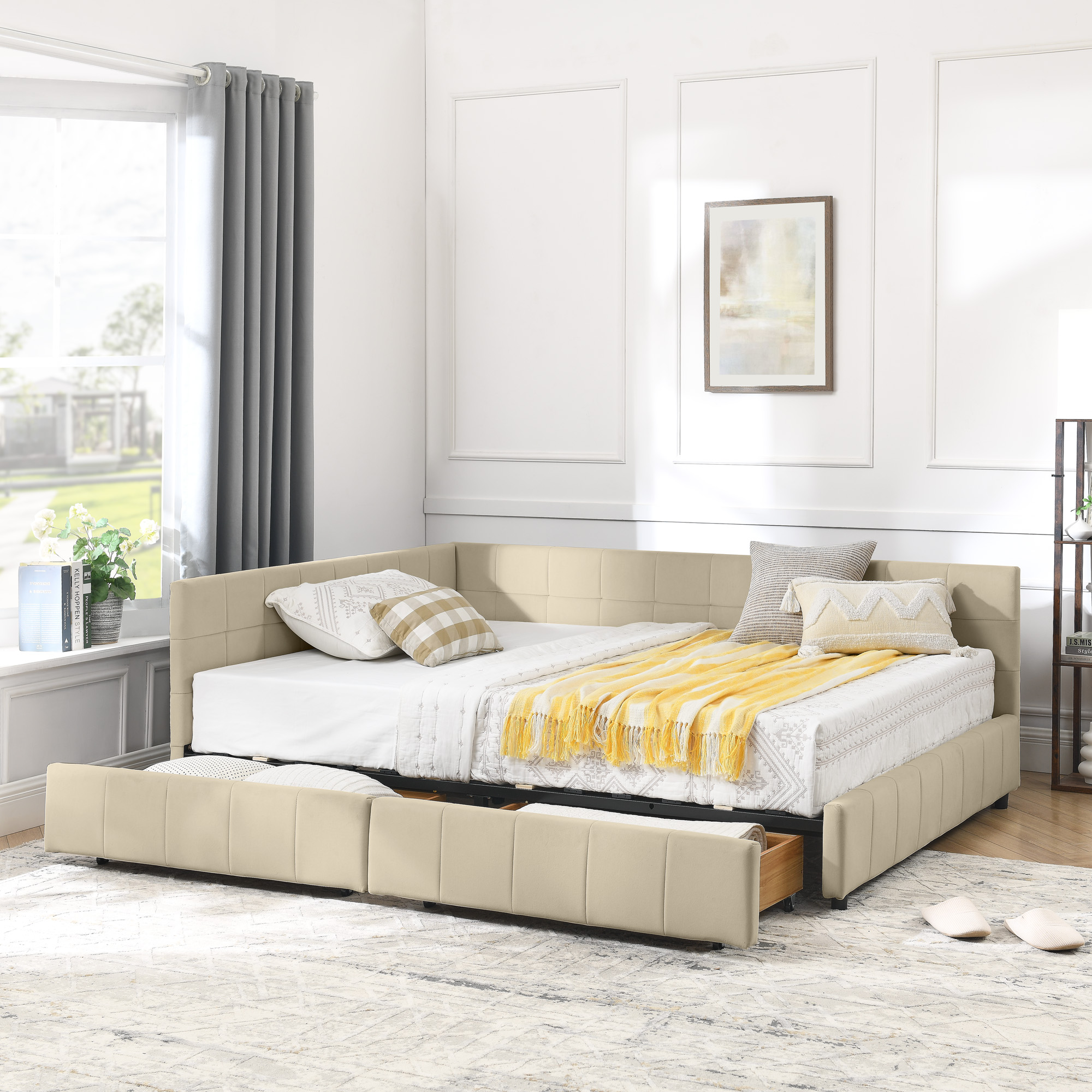 Full Size Storage Upholstered Tufted Bed Frame, Sofa Bed Frame with Comfortable Backrest and Armrests, Full Size Bed for Bedroom, Living Room,Velvet, BEIGE(80.5''*59''*29.5'') - Image 2