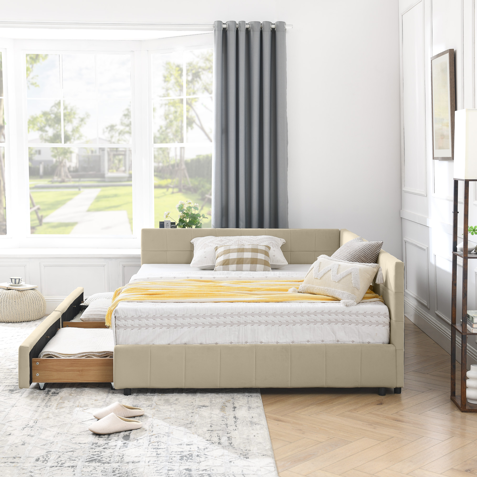 Full Size Storage Upholstered Tufted Bed Frame, Sofa Bed Frame with Comfortable Backrest and Armrests, Full Size Bed for Bedroom, Living Room,Velvet, BEIGE(80.5''*59''*29.5'') - Image 3