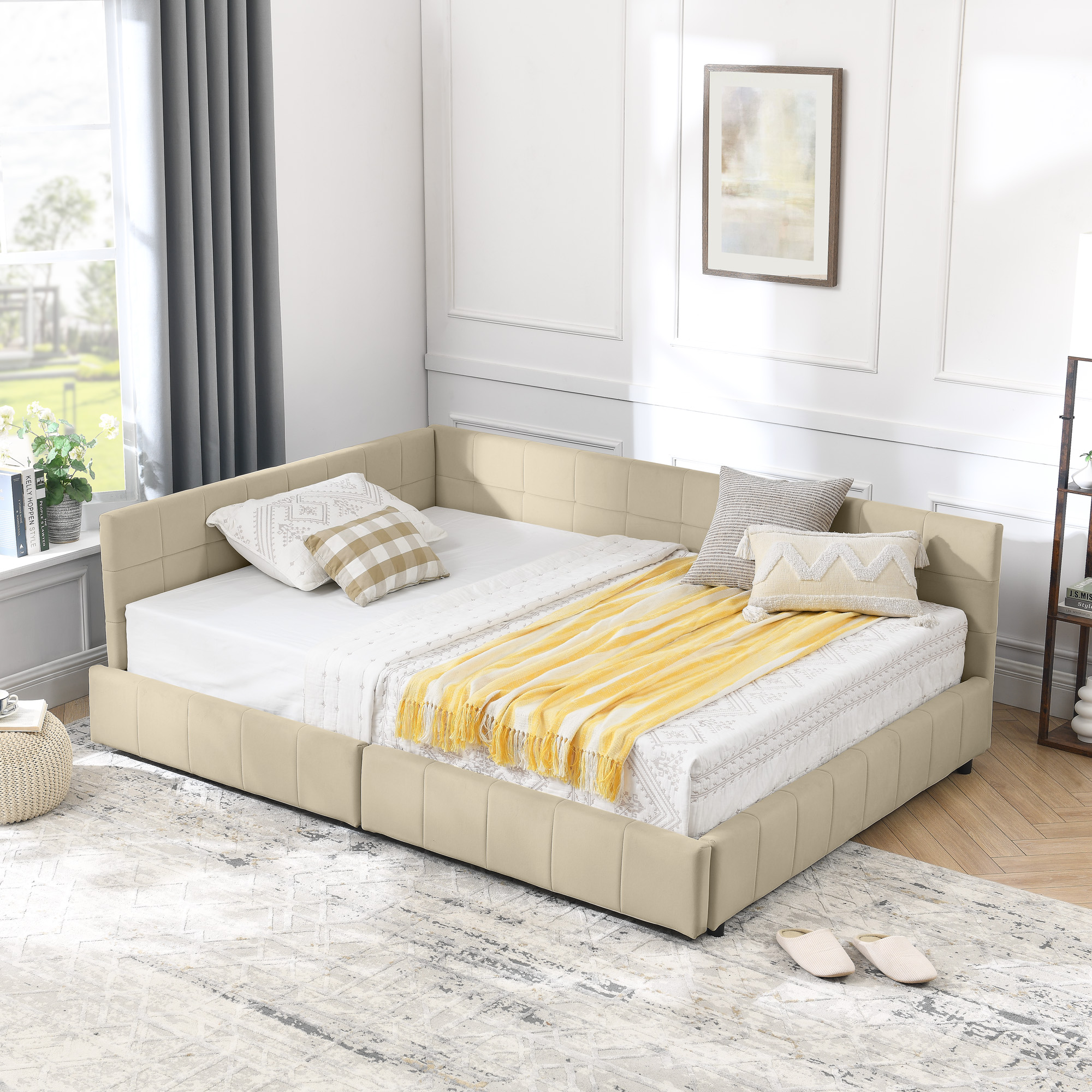 Full Size Storage Upholstered Tufted Bed Frame, Sofa Bed Frame with Comfortable Backrest and Armrests, Full Size Bed for Bedroom, Living Room,Velvet, BEIGE(80.5''*59''*29.5'') - Image 4