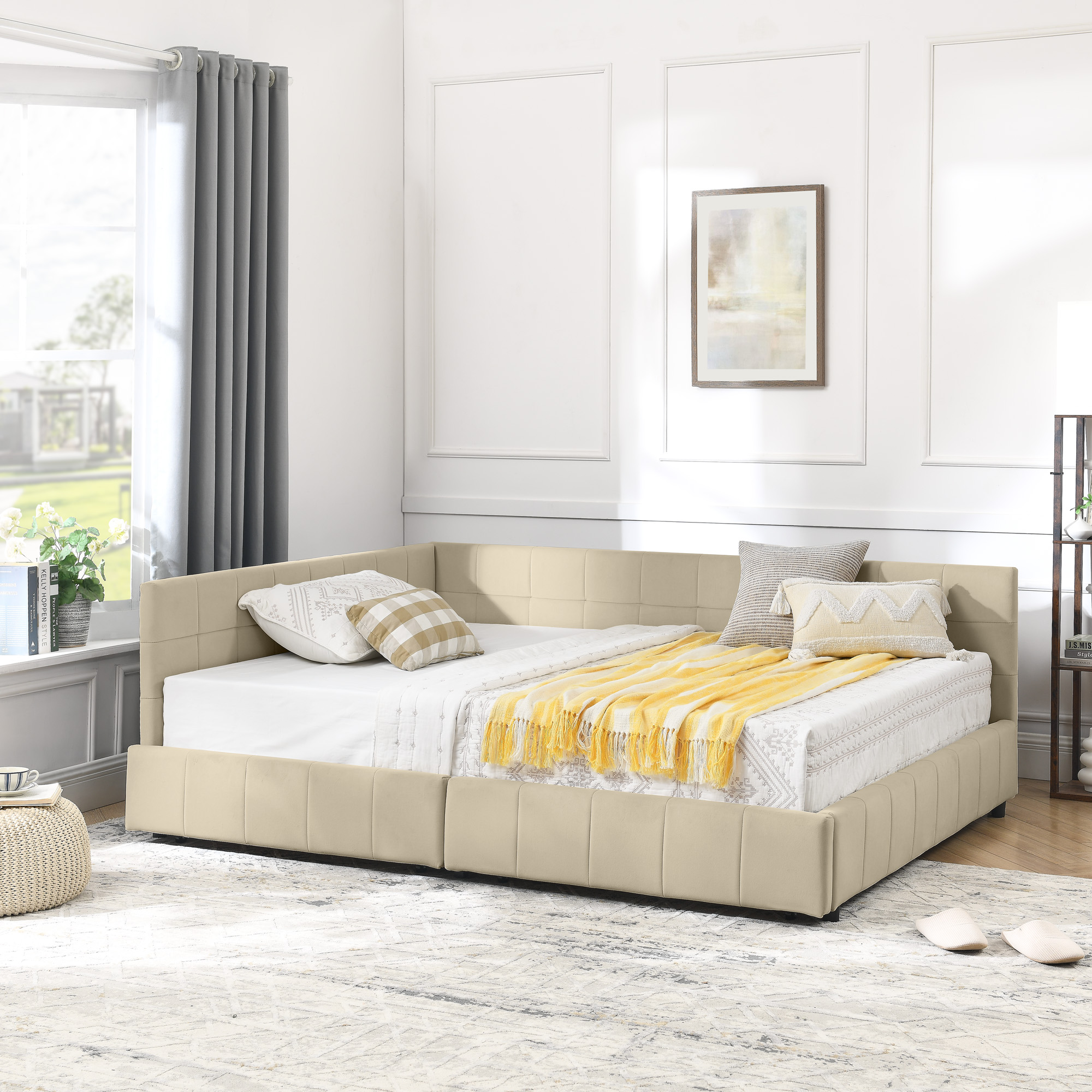 Full Size Storage Upholstered Tufted Bed Frame, Sofa Bed Frame with Comfortable Backrest and Armrests, Full Size Bed for Bedroom, Living Room,Velvet, BEIGE(80.5''*59''*29.5'') - Image 5