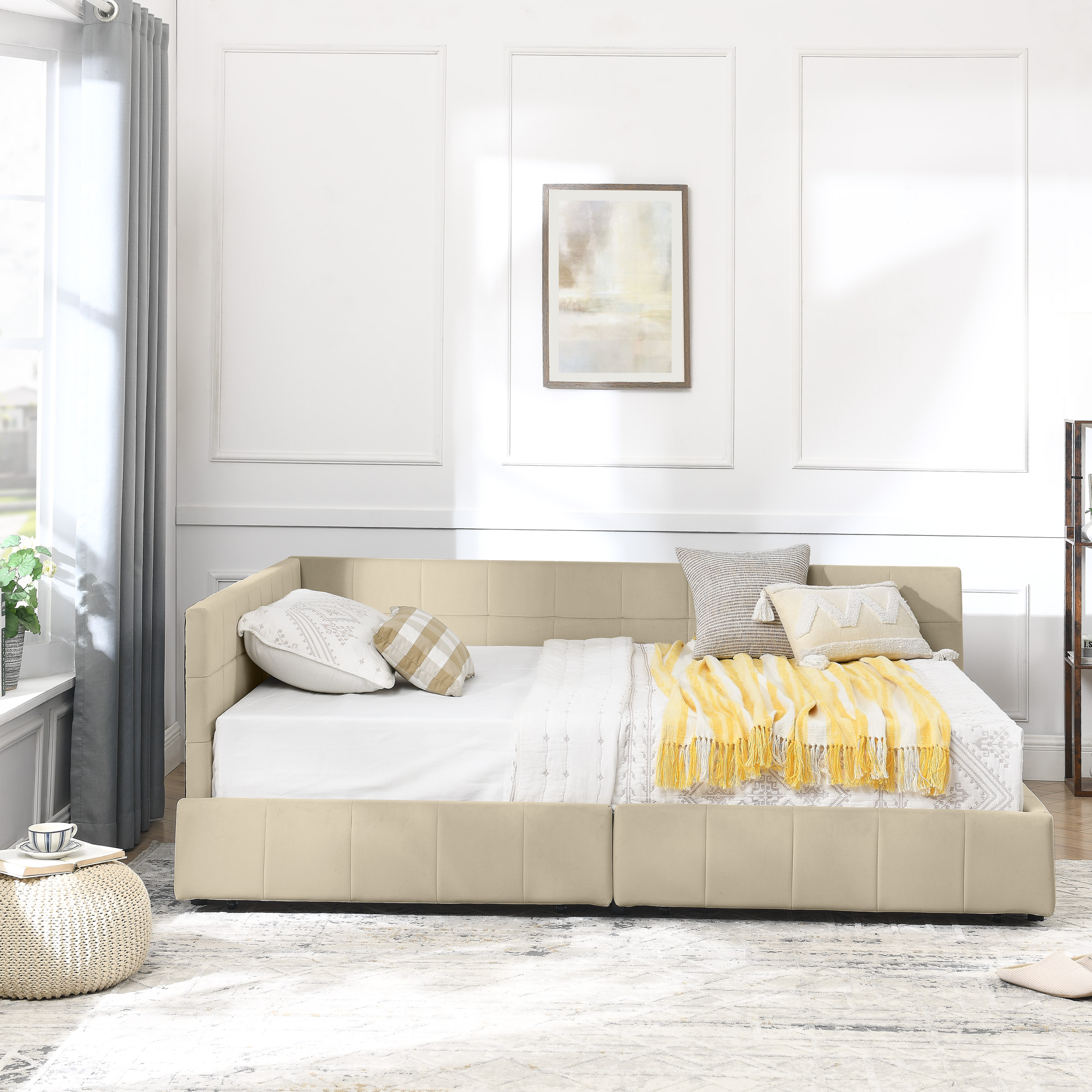 Full Size Storage Upholstered Tufted Bed Frame, Sofa Bed Frame with Comfortable Backrest and Armrests, Full Size Bed for Bedroom, Living Room,Velvet, BEIGE(80.5''*59''*29.5'') - Image 6