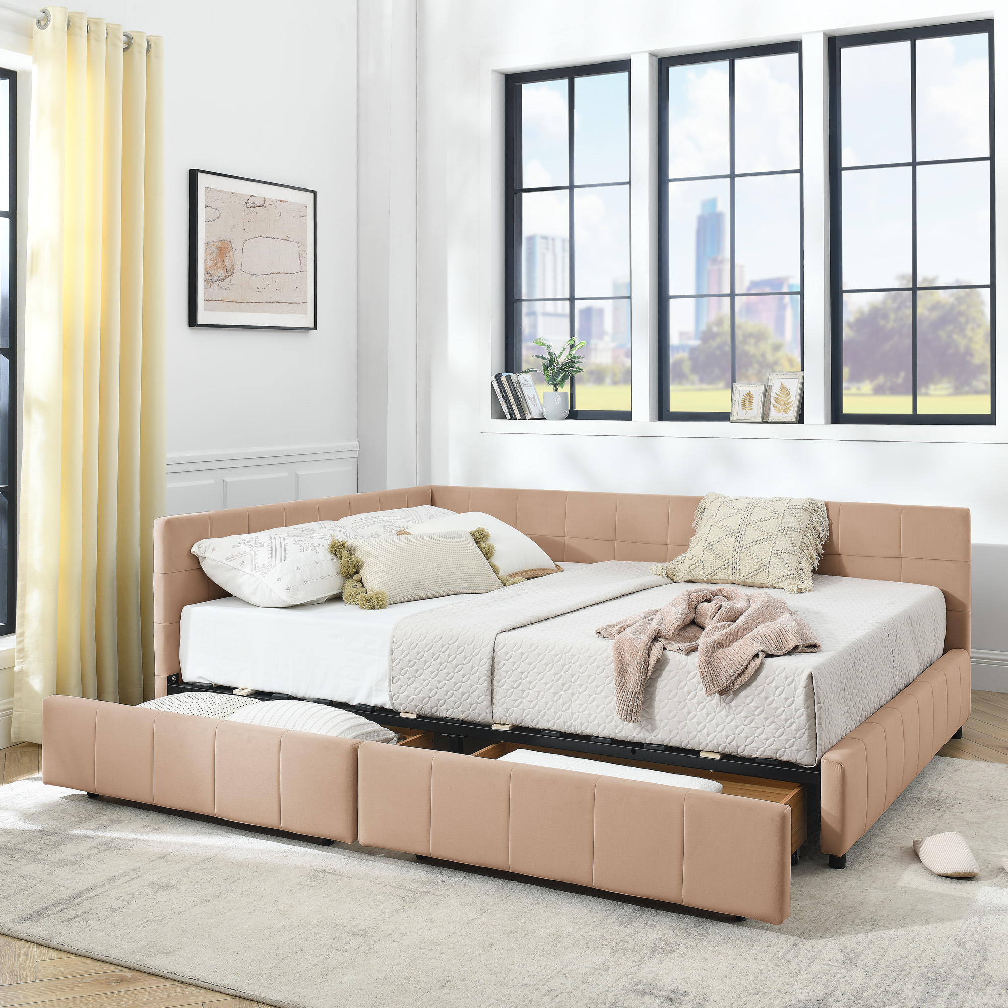 Queen Size Storage Upholstered Tufted Bed Frame, Sofa Bed Frame with Comfortable Backrest and Armrests, Queen Size Bed for Bedroom, Living Room,Velvet, PINK(85.5”*64.5”*29.5”)
