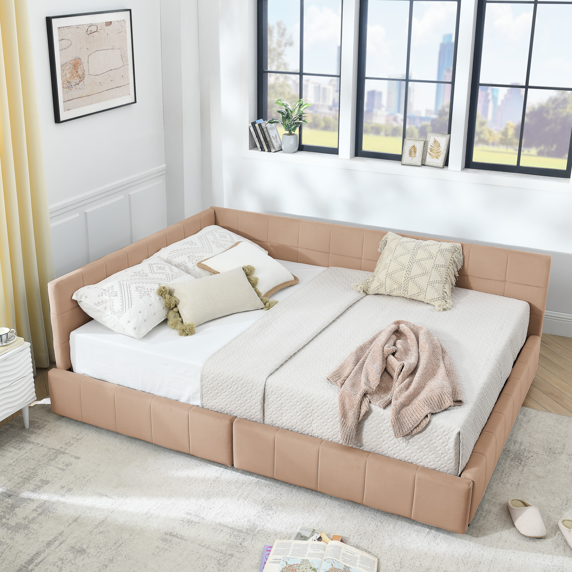 Queen Size Storage Upholstered Tufted Bed Frame, Sofa Bed Frame with Comfortable Backrest and Armrests, Queen Size Bed for Bedroom, Living Room,Velvet, PINK(85.5''*64.5''*29.5'') - Image 2