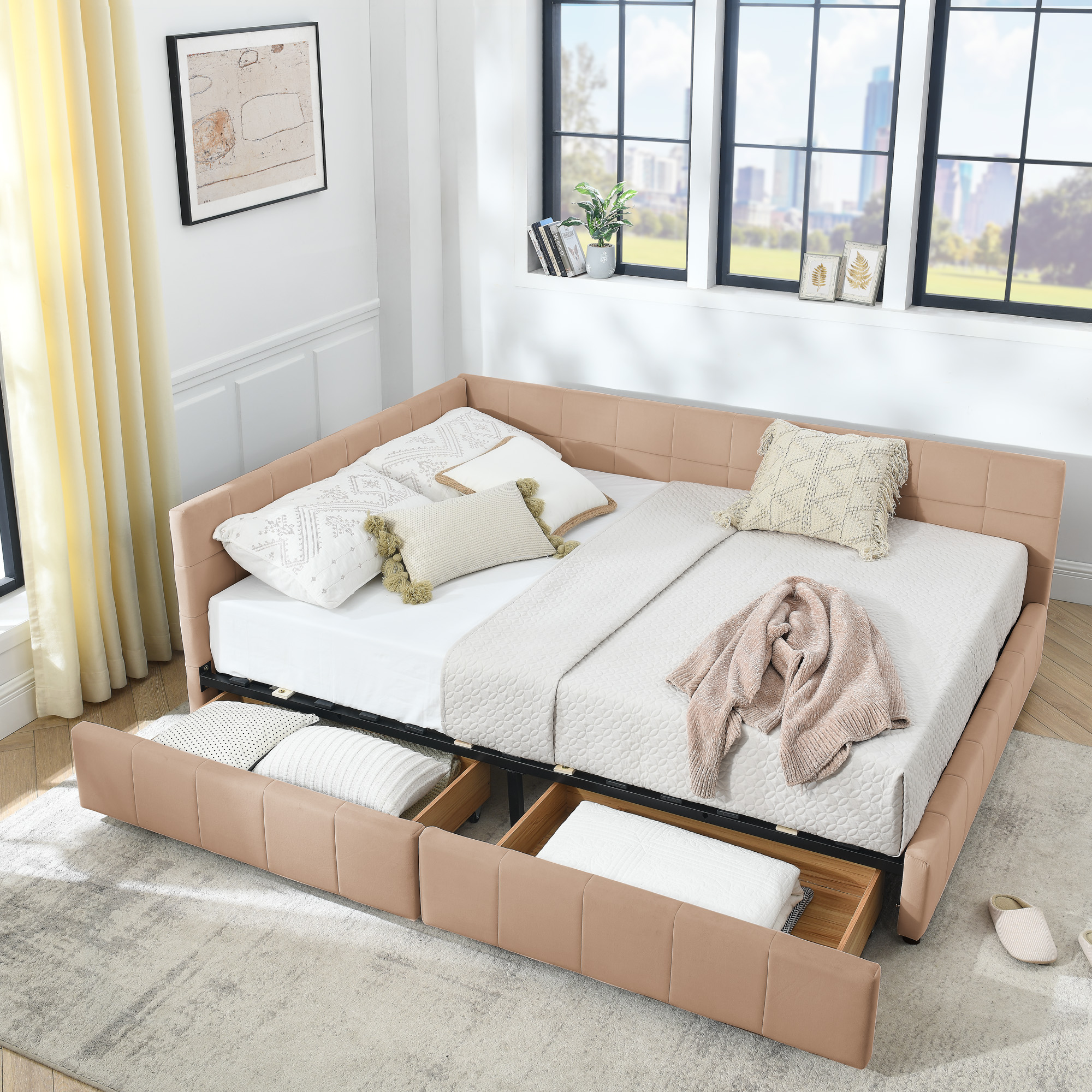 Queen Size Storage Upholstered Tufted Bed Frame, Sofa Bed Frame with Comfortable Backrest and Armrests, Queen Size Bed for Bedroom, Living Room,Velvet, PINK(85.5''*64.5''*29.5'') - Image 3