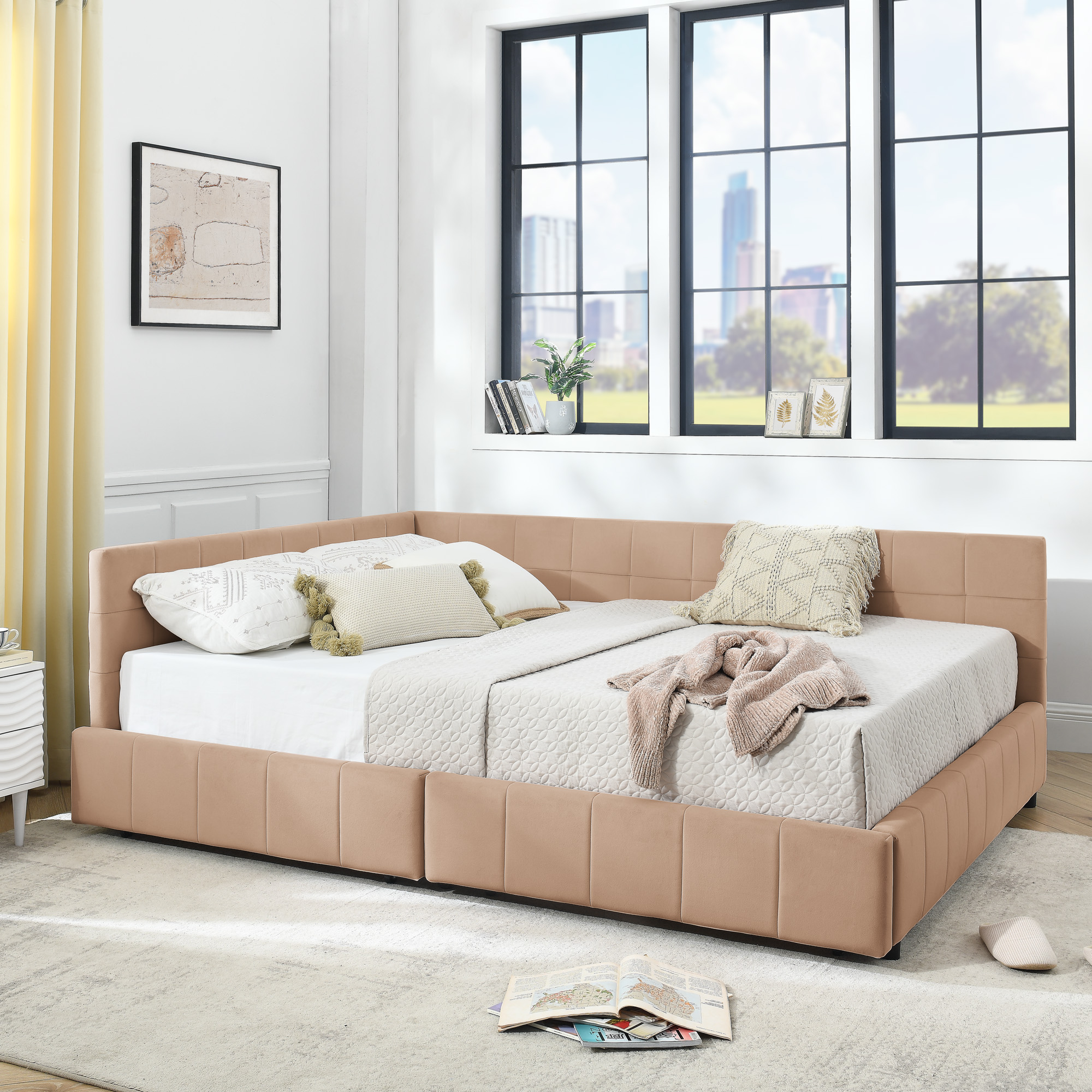 Queen Size Storage Upholstered Tufted Bed Frame, Sofa Bed Frame with Comfortable Backrest and Armrests, Queen Size Bed for Bedroom, Living Room,Velvet, PINK(85.5''*64.5''*29.5'') - Image 4