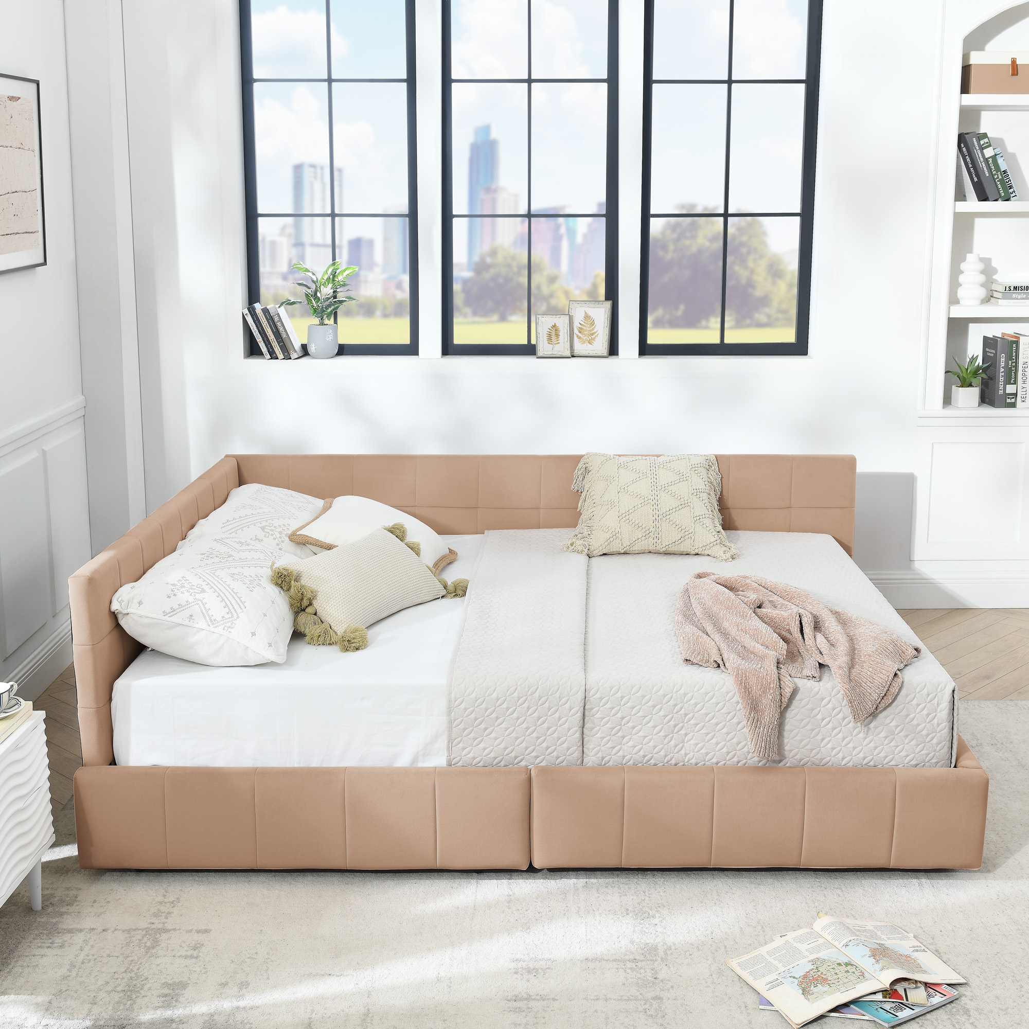 Queen Size Storage Upholstered Tufted Bed Frame, Sofa Bed Frame with Comfortable Backrest and Armrests, Queen Size Bed for Bedroom, Living Room,Velvet, PINK(85.5''*64.5''*29.5'') - Image 5