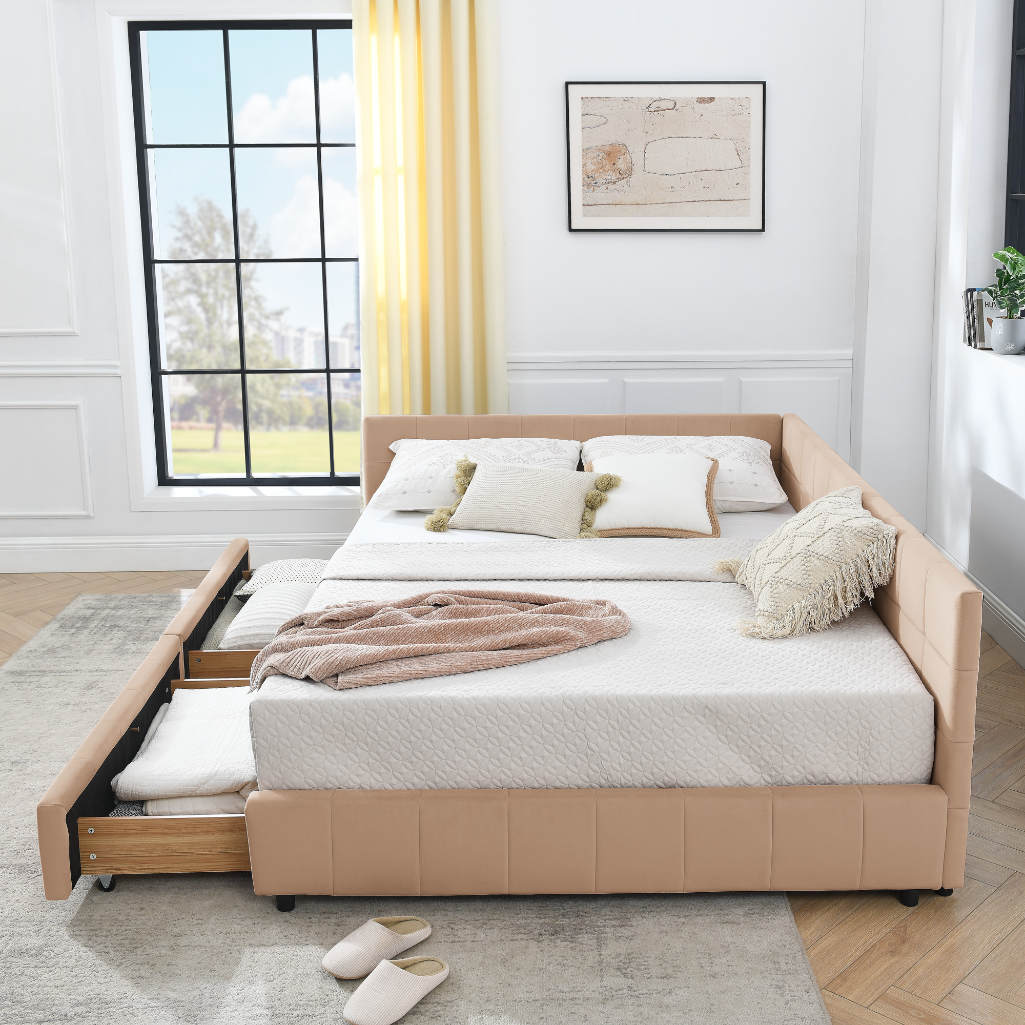 Queen Size Storage Upholstered Tufted Bed Frame, Sofa Bed Frame with Comfortable Backrest and Armrests, Queen Size Bed for Bedroom, Living Room,Velvet, PINK(85.5''*64.5''*29.5'') - Image 6