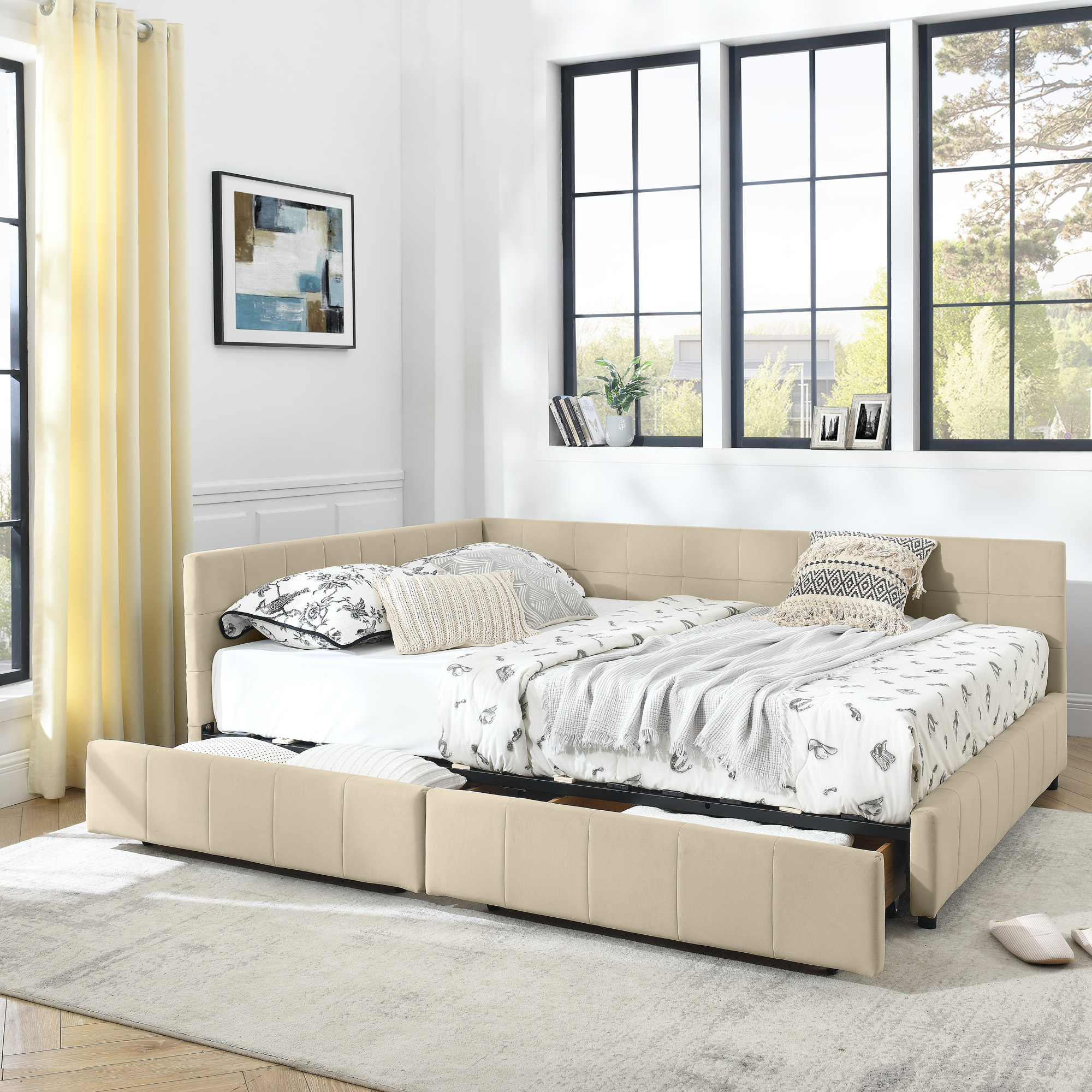 Queen Size Storage Upholstered Tufted Bed Frame, Sofa Bed Frame with Comfortable Backrest and Armrests, Queen Size Bed for Bedroom, Living Room,Velvet, BEIGE(85.5''*64.5''*29.5'') - Image 1