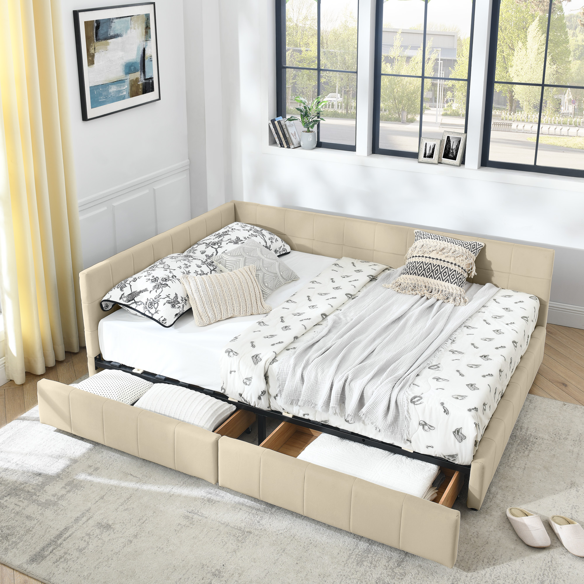 Queen Size Storage Upholstered Tufted Bed Frame, Sofa Bed Frame with Comfortable Backrest and Armrests, Queen Size Bed for Bedroom, Living Room,Velvet, BEIGE(85.5''*64.5''*29.5'') - Image 2