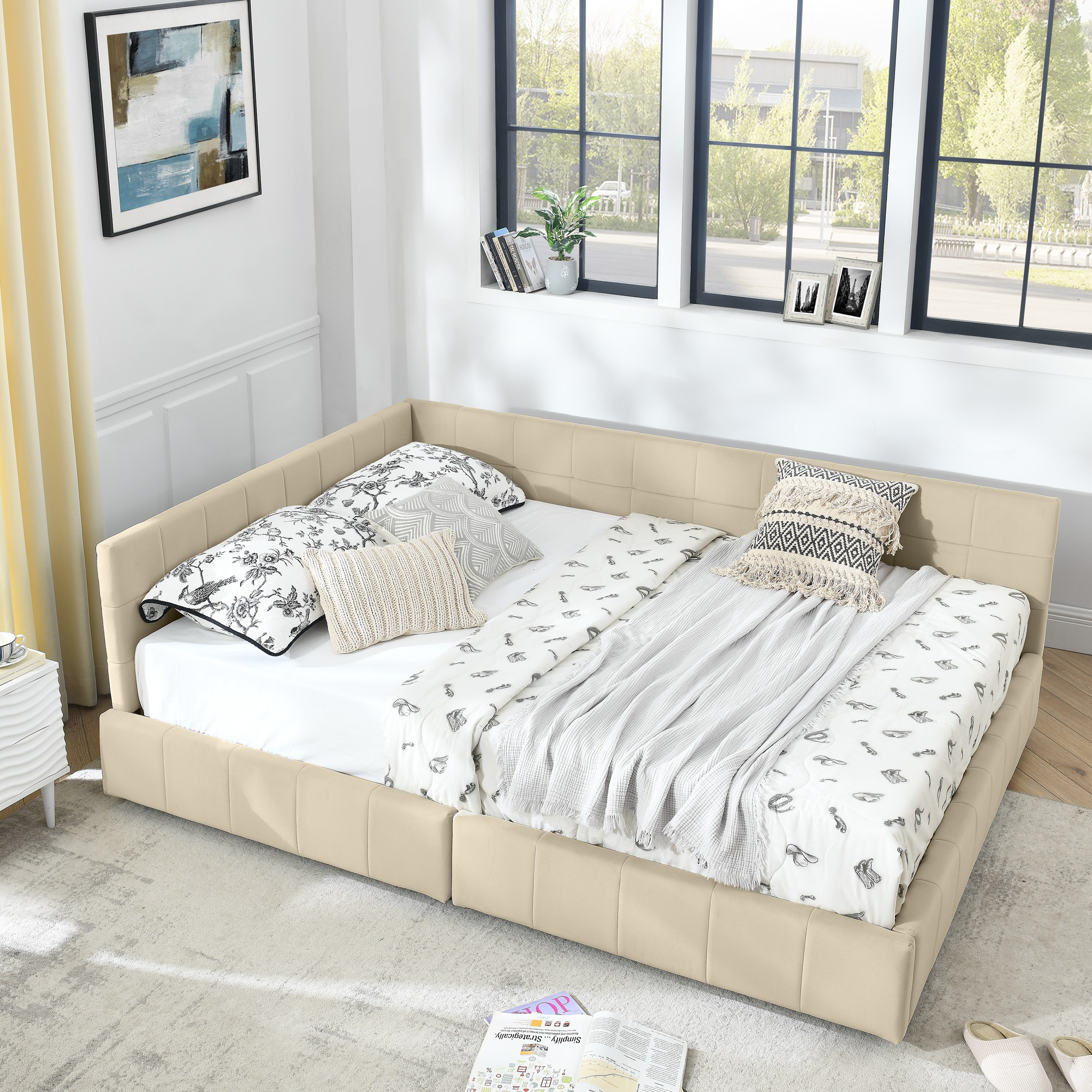 Queen Size Storage Upholstered Tufted Bed Frame, Sofa Bed Frame with Comfortable Backrest and Armrests, Queen Size Bed for Bedroom, Living Room,Velvet, BEIGE(85.5''*64.5''*29.5'') - Image 3