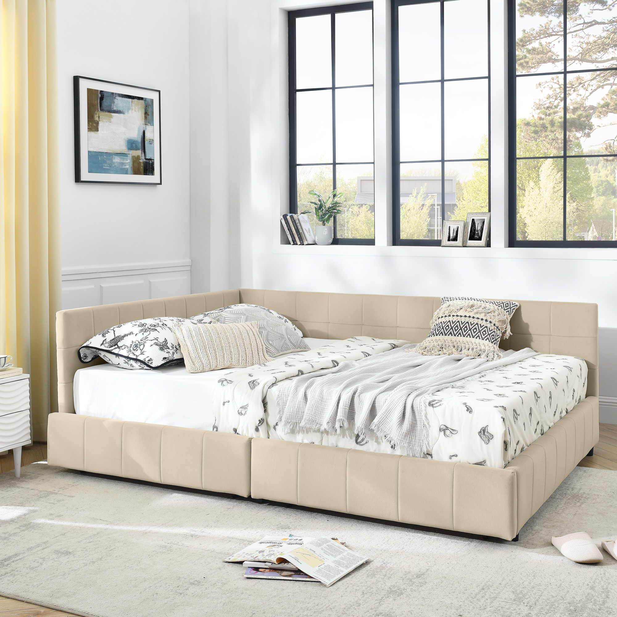 Queen Size Storage Upholstered Tufted Bed Frame, Sofa Bed Frame with Comfortable Backrest and Armrests, Queen Size Bed for Bedroom, Living Room,Velvet, BEIGE(85.5''*64.5''*29.5'') - Image 4