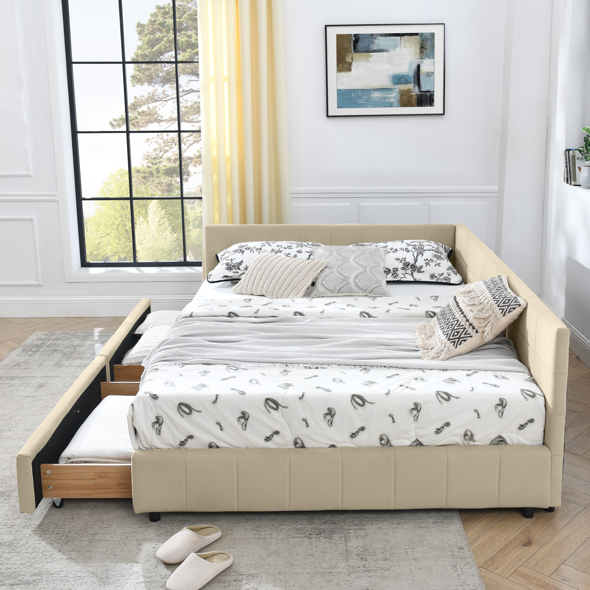 Queen Size Storage Upholstered Tufted Bed Frame, Sofa Bed Frame with Comfortable Backrest and Armrests, Queen Size Bed for Bedroom, Living Room,Velvet, BEIGE(85.5''*64.5''*29.5'') - Image 5