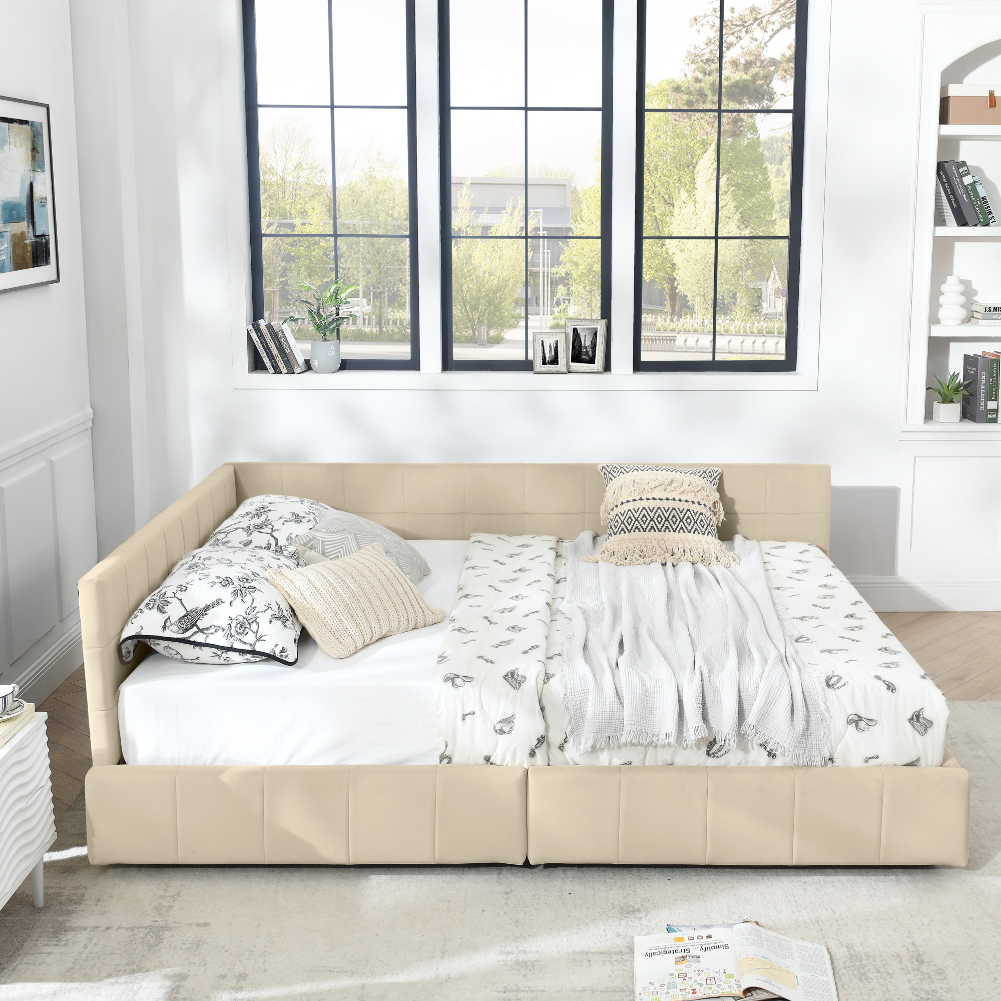 Queen Size Storage Upholstered Tufted Bed Frame, Sofa Bed Frame with Comfortable Backrest and Armrests, Queen Size Bed for Bedroom, Living Room,Velvet, BEIGE(85.5''*64.5''*29.5'') - Image 6